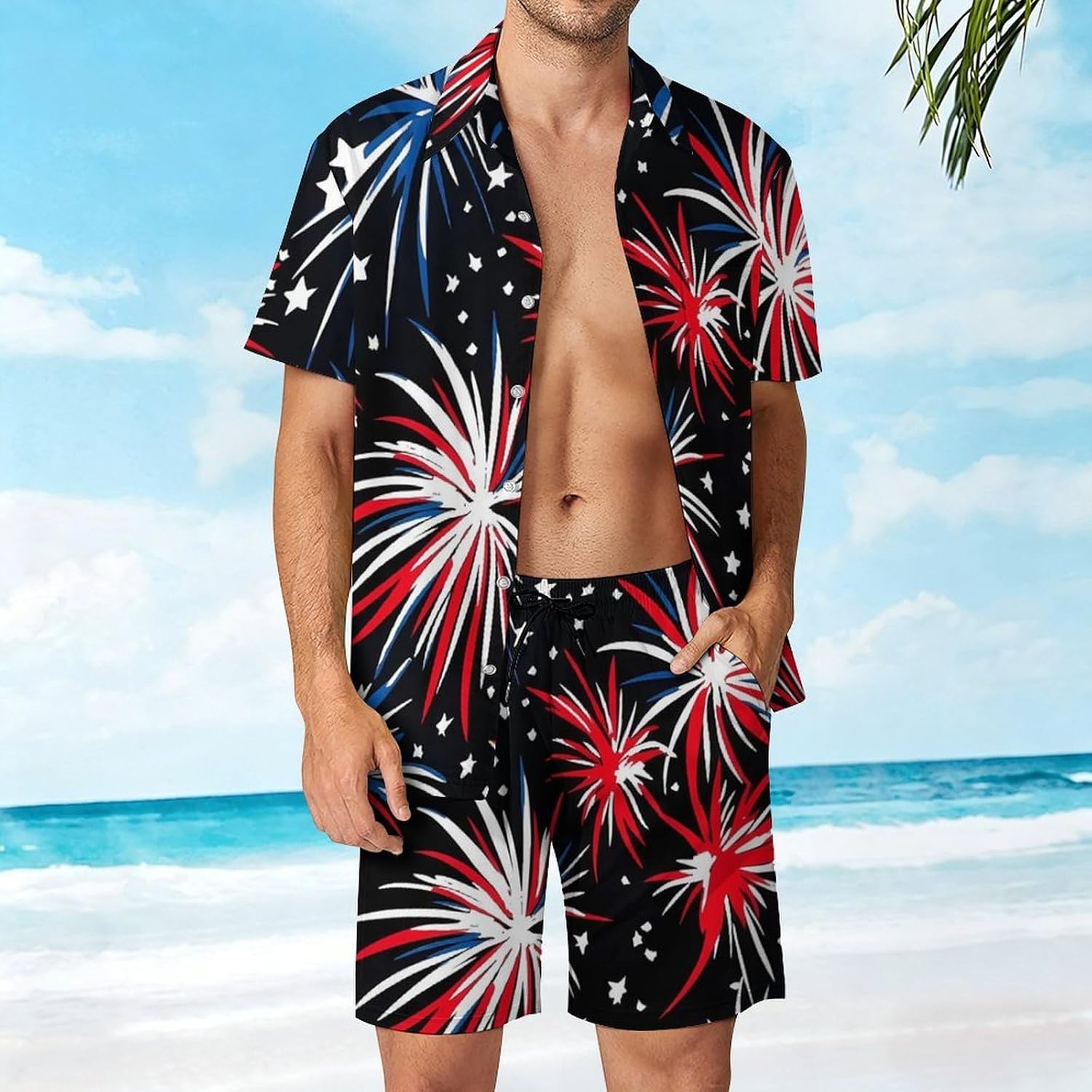 United States Fireworks 4th of July Men's Summer Beach 2 Piece Outfits | hawaiian button down shirt and shorts,vacation cruise,mens bathing suit