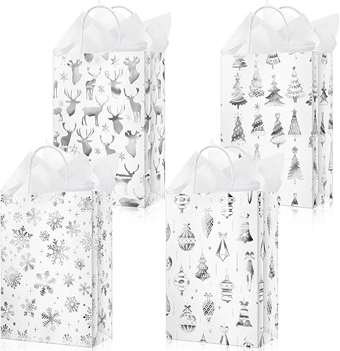 Paquete de 50 bolsas de regalo de Navidad metálicas plateadas con asa de papel de seda de papel de seda con 4 diseños para regalos de vacaciones de