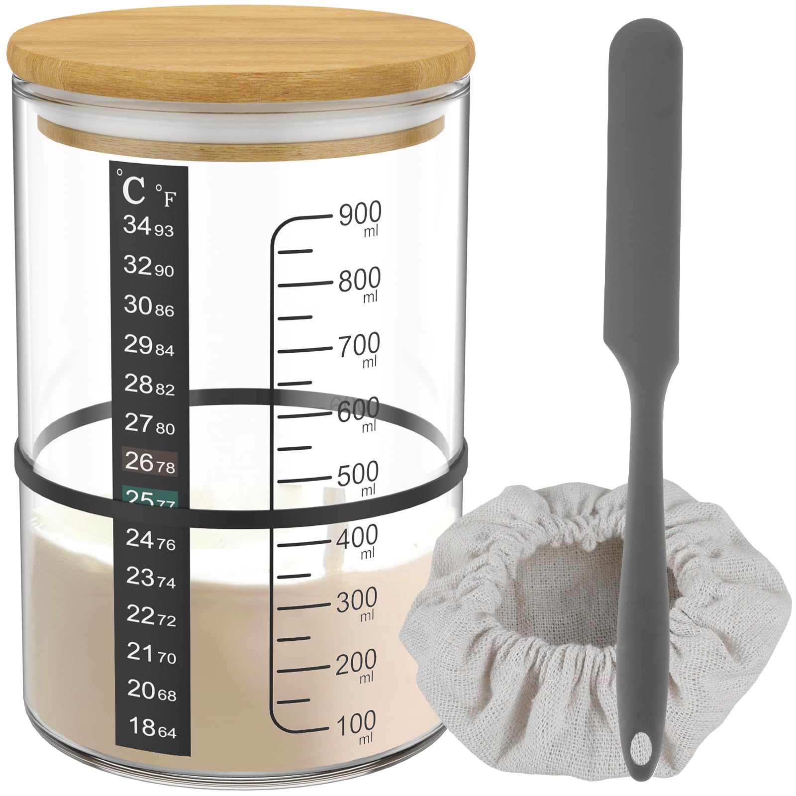 Nihuifdpy Set 11 Pro Sourdough Starter Kit With 900Ml Sourdough Starter Jar, Wooden Lid, Rubber String, Silicone Spatula, Cloth Cap And Temperature Paper, Sourdough Bread Baking Supplies For Making Delicious Breads
