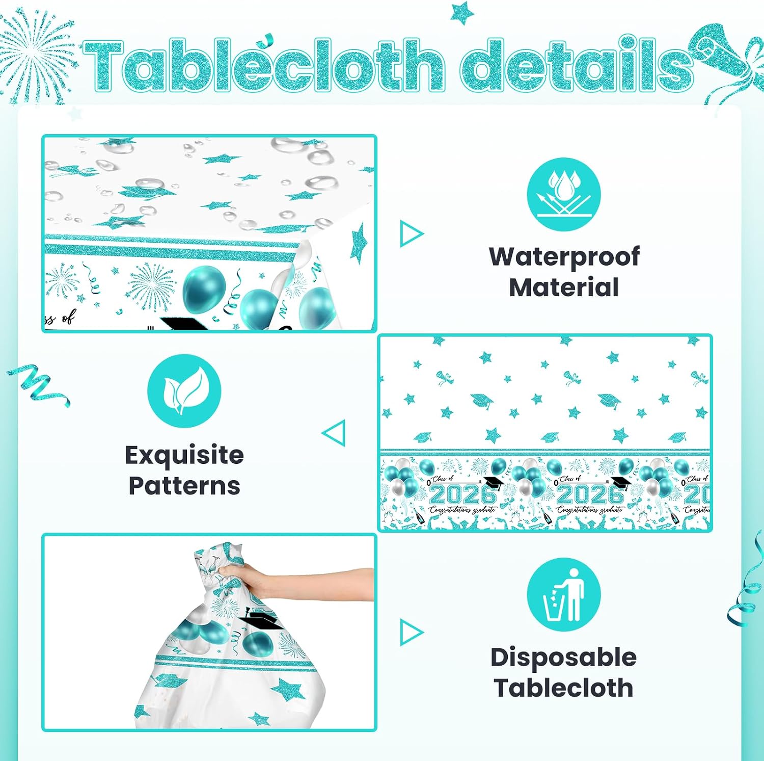 Avezano 6 pcs Graduation Tablecloths 108 x 54 inch Graduation Table Cloths Class of 2026 Teal and White Grad Party Tablecover Decorations Plastic Disposable
