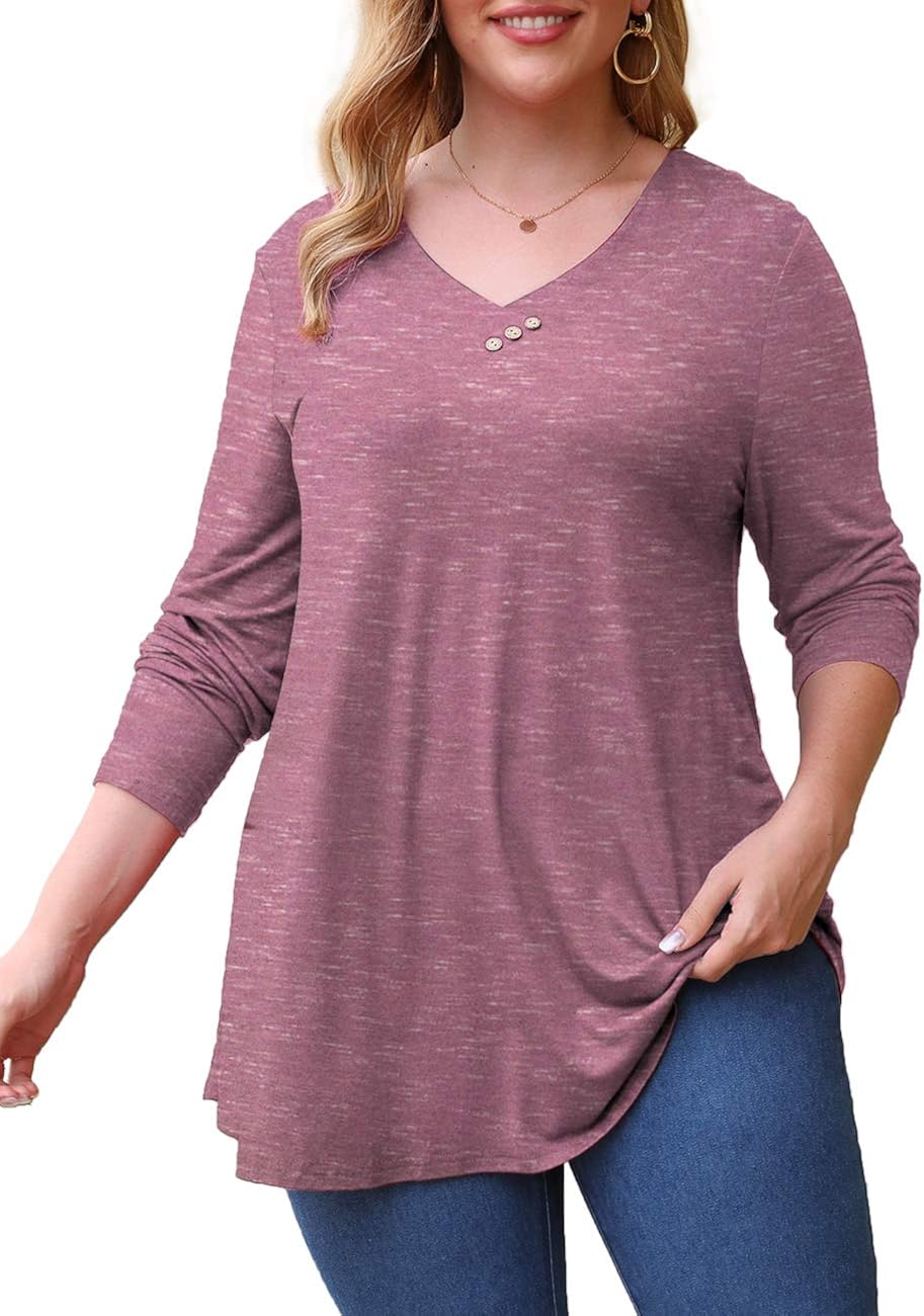 U.Vomade Womens Plus Size Tops V Neck Flowy Tunic Long Sleeve Blouses Pink M