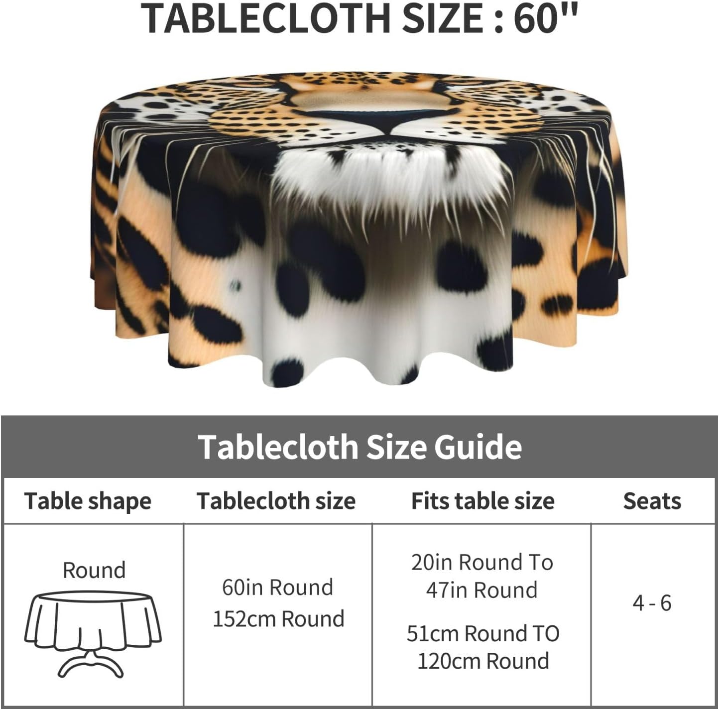 Animal Leopard Print Wrinkle Free Dining Table Cover for Birthday Party Farmhouse Tablecloths Up to 60 x 60 Inches