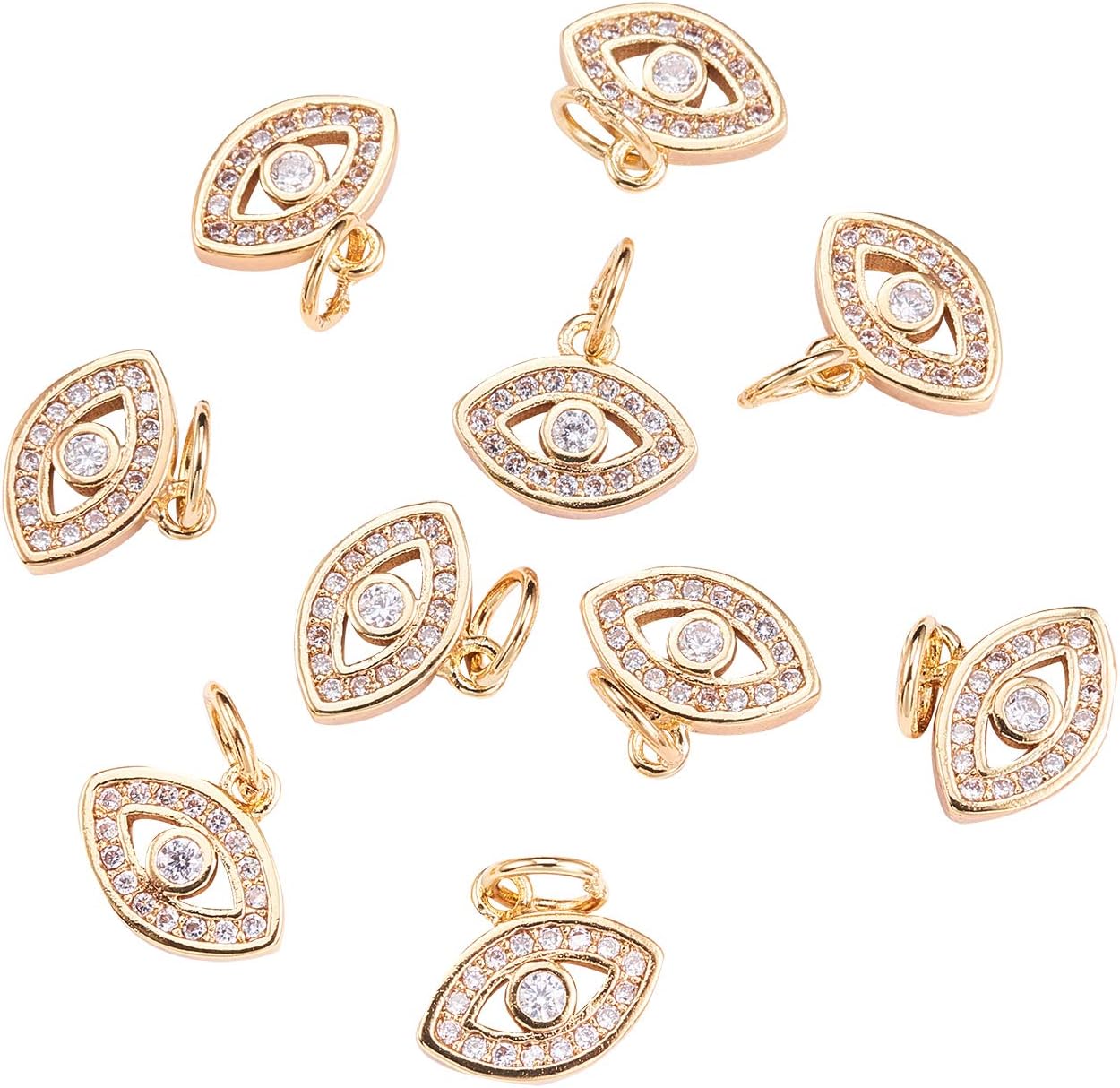 LiQunSweet 10 Pcs Brass Golden Plated Micro Pave Cubic Zirconia CZ Stone Eye Tiny Charms in Bulk for Jewellery Making DIY Findings - 9x11mm