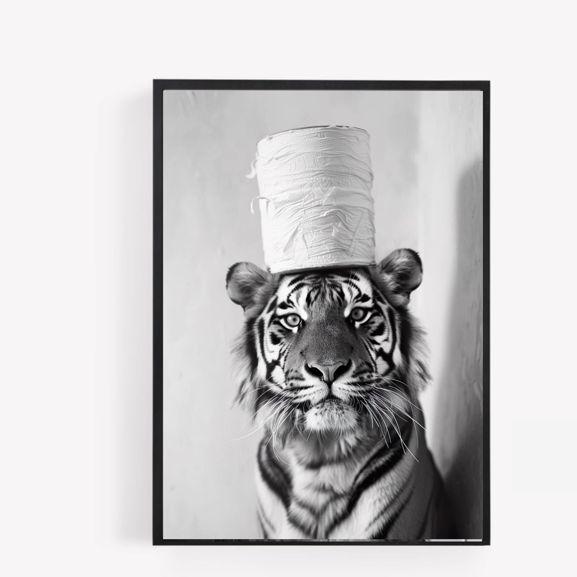 gfc tiger with toilet roll on head Funny Bathroom Toilet animal Print Picture Poster A4 UNFRAMED wall art Home decor Decorating