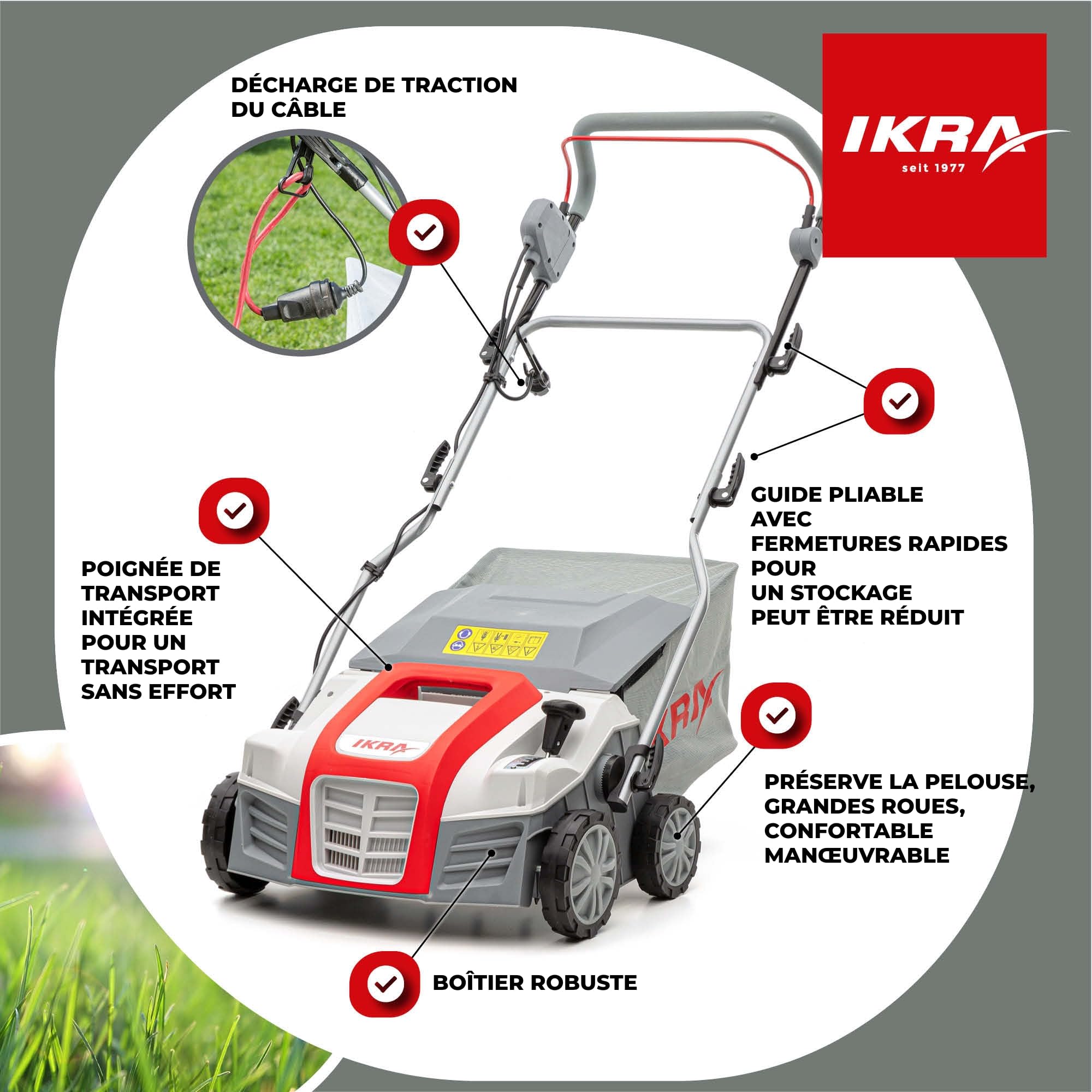 IKRA scarificateur électrique IEVL 2000, largeur de travail 40 cm, 2000 W | Bac de ramassage 55 l, profondeur de travail de +6 à –12 mm, changement de rouleau sans outil, appareil 2 en 1