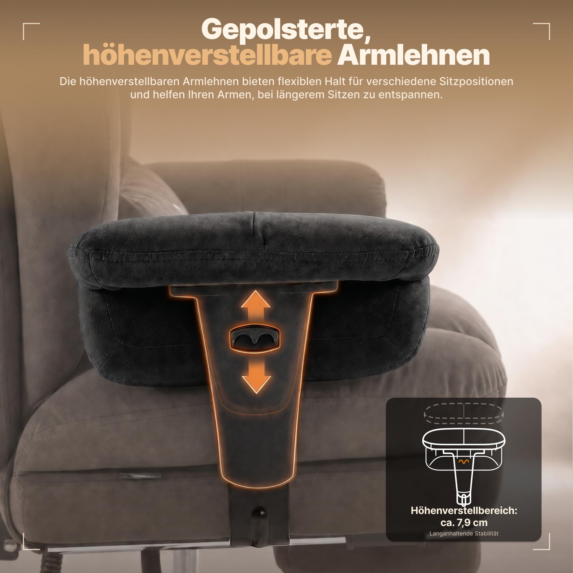 Dowinx Ergonomischer Bürostuhl aus Wildleder-Optik mit Federkern-Sitzpolster, höhenverstellbaren gepolsterten Arm- und Kopfstützen, Liegefunktion und ausklappbarer Fußstütze,Schwarz