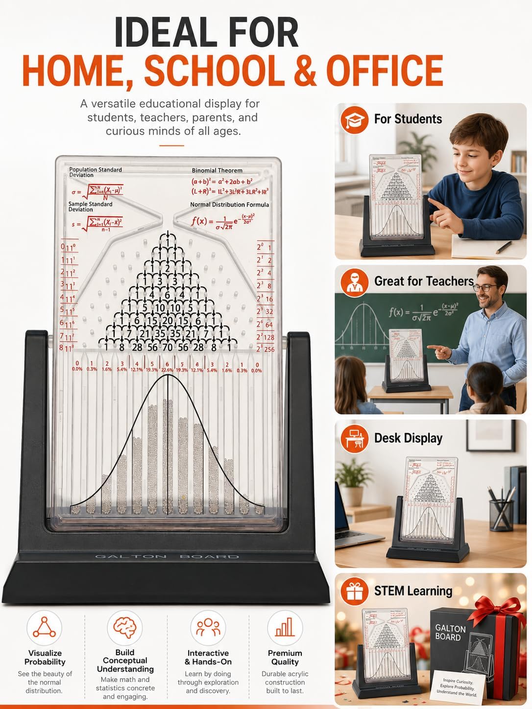 Galton Board | Probability & Statistics STEM Learning Kit for Physics Classrooms | Hands-On Math Teaching Aid with 2800 Steel Beads | Teacher & Homeschool Resource (Gold Beads)