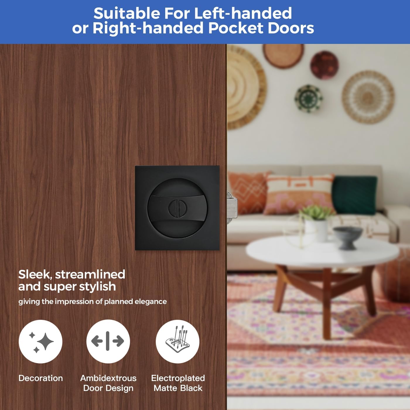 Matte Black Pocket Door Hardware with Privacy Lock & Latch - Contemporary Style for Square Pocket Doors(1 Pack)