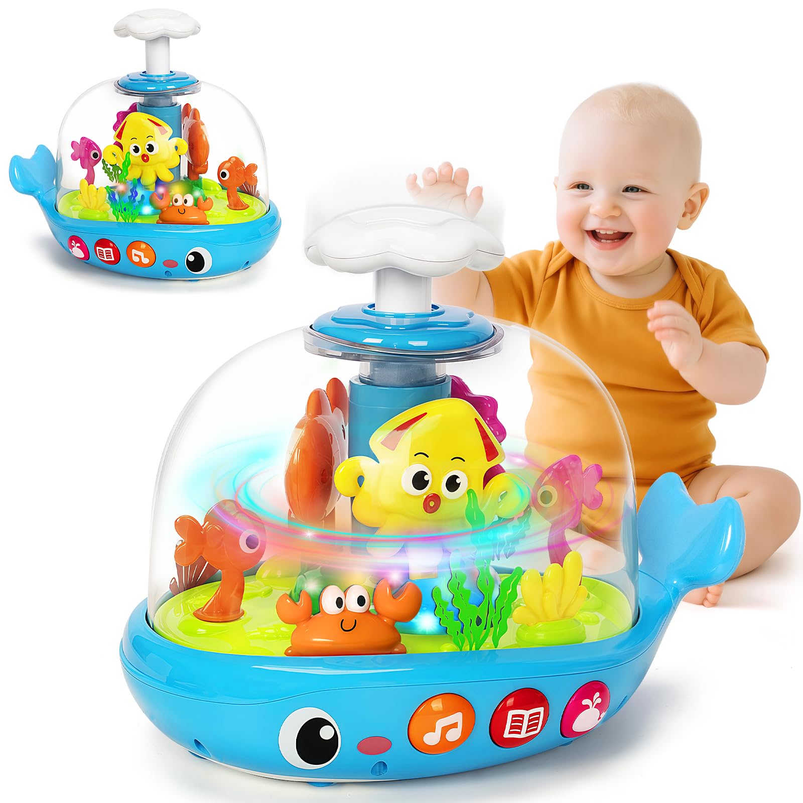 Baby Toys 6-12 Months, Musical Aquarium Infant Toys for 7 8 9 10 11 Months, Early Learning Educational Toy with Sound, Press Glow Spin for Cause and Effect, Christmas Birthday Gifts for Boy Girl