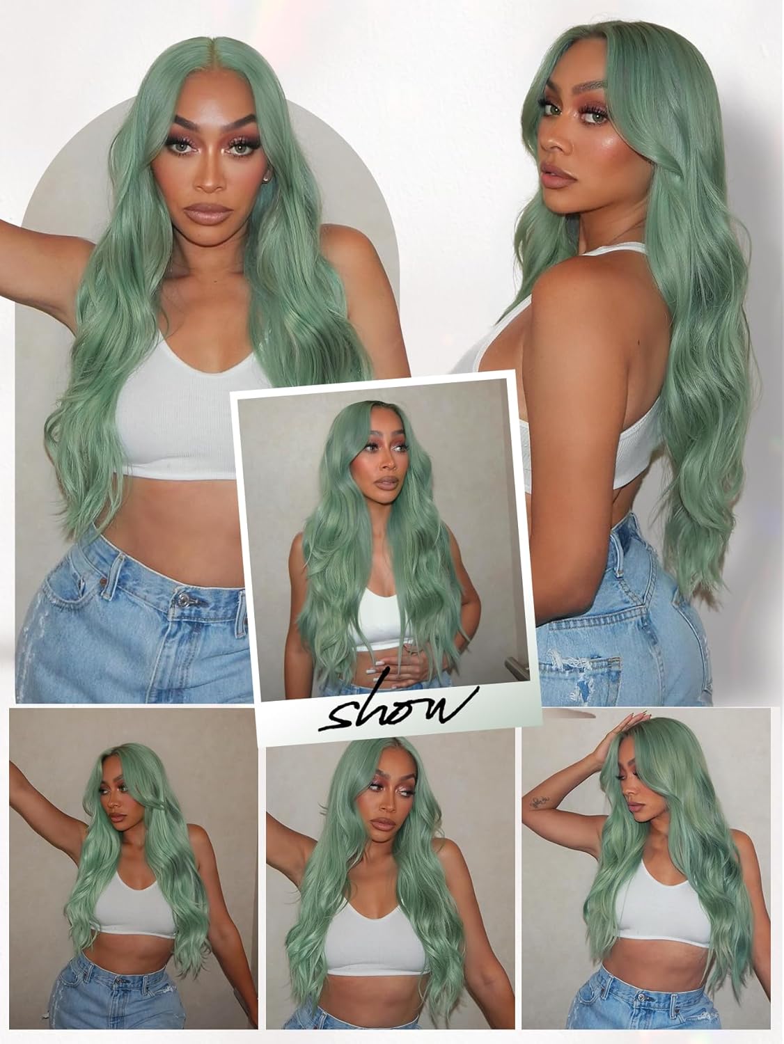 Quantum Love Long Curly Green Wig for Women Light Green Long Wavy Wigs 28Inch Natural Looking Synthetic Colorful Hair for Cosplay Halloween Daily Party Use - Image 6