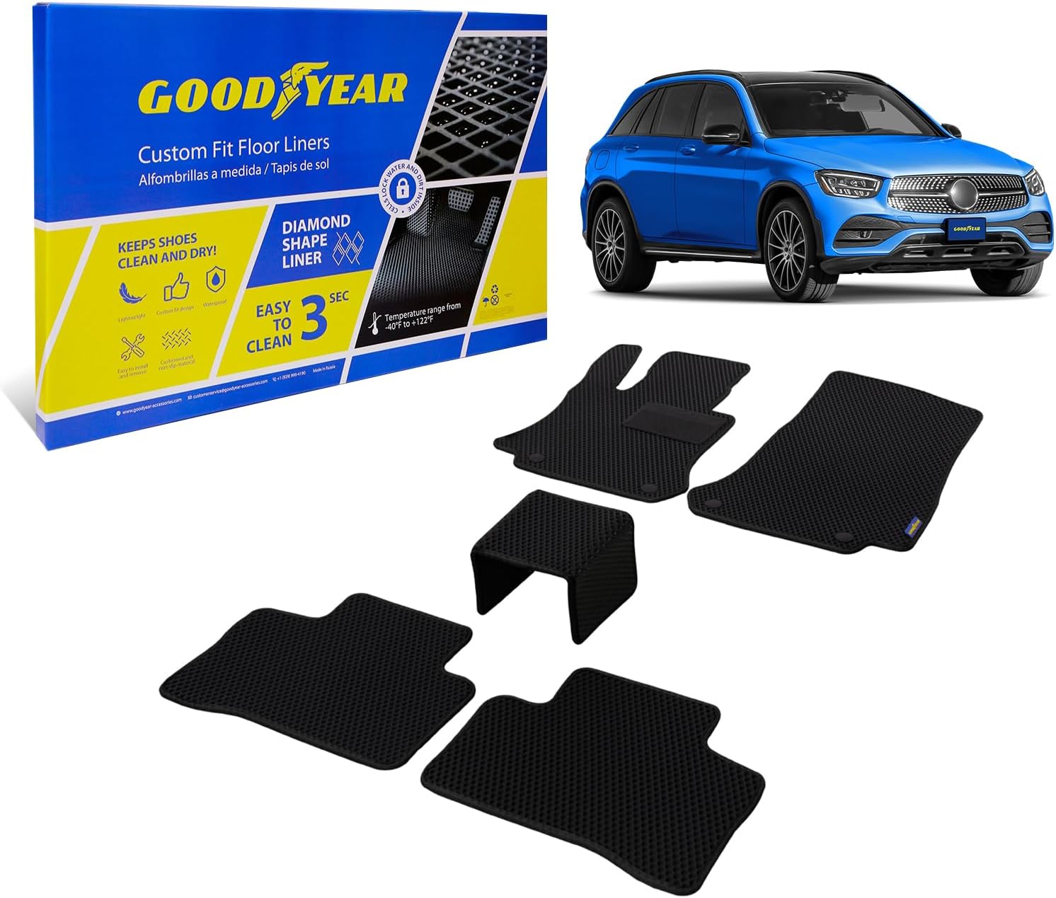 Goodyear All-Weather Car Floor Mats–Custom Fit for Mercedes GLC-Class 16-22, 5 Pc.Set, Heavy-Duty Diamond Floor Liners for Cars, SUVs, Trucks–Ultimate Interior Car Accessories for Men&Women - GY007003