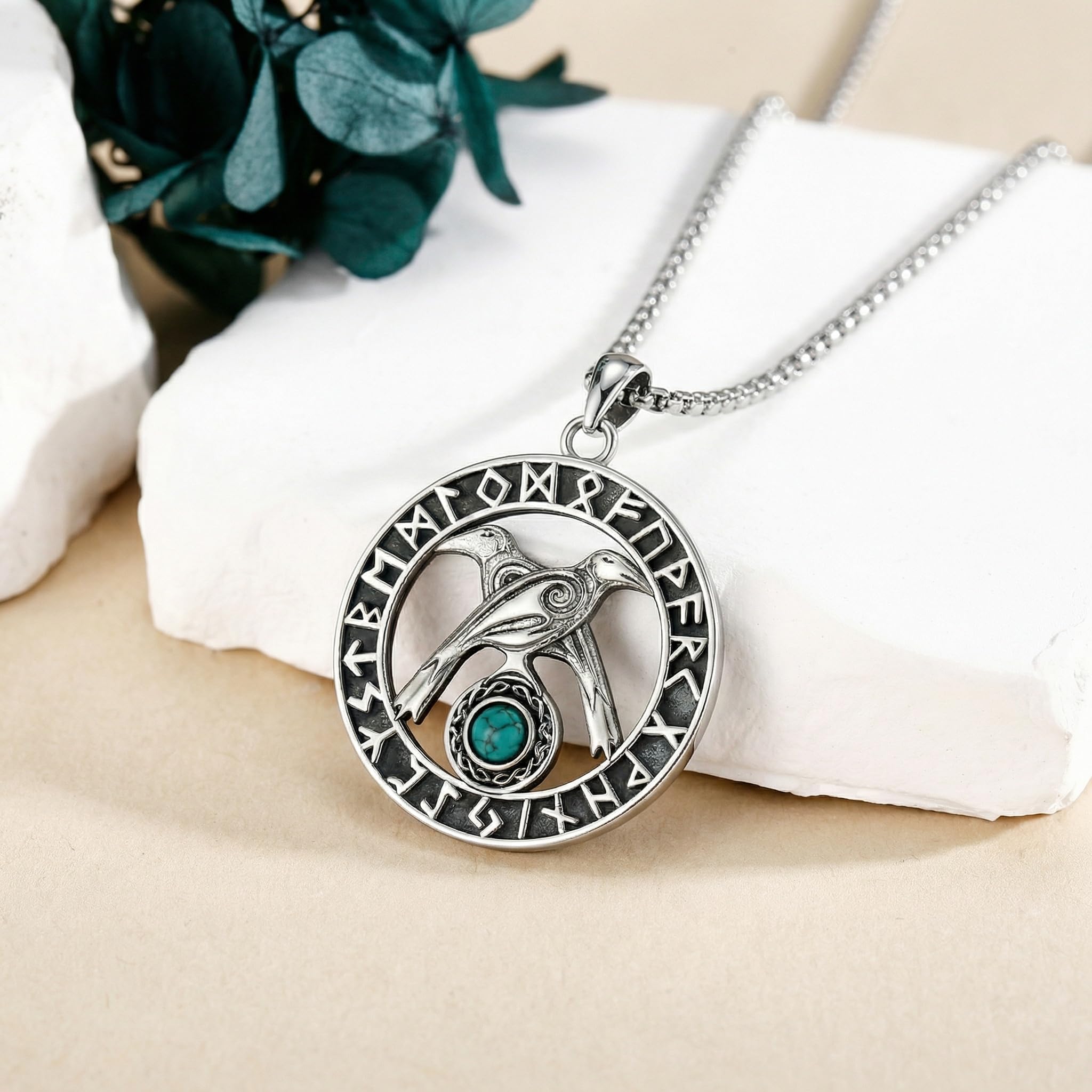 ONEFINITY Collana da uomo in argento Sterling 925, con ciondolo a forma di corvo vichingo, con runa vichinga, turchese, gioiello vichingo, regalo per donne