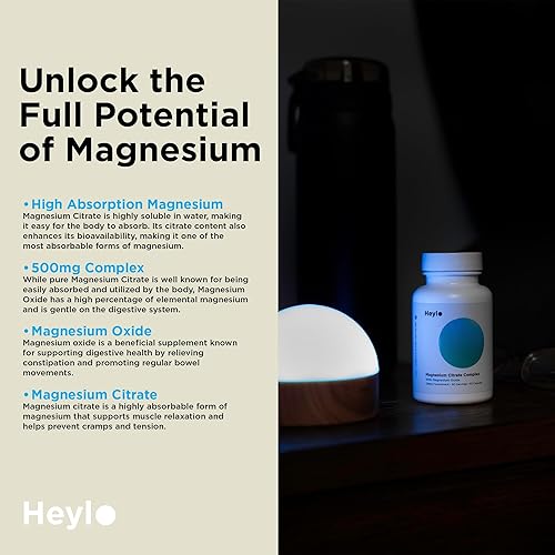 Vista 5 de Heylo - Complejo de citrato de magnesio de 500 mg, fórmula de alta absorción para relajación muscular, apoyo energético, salud ósea y cardíaca