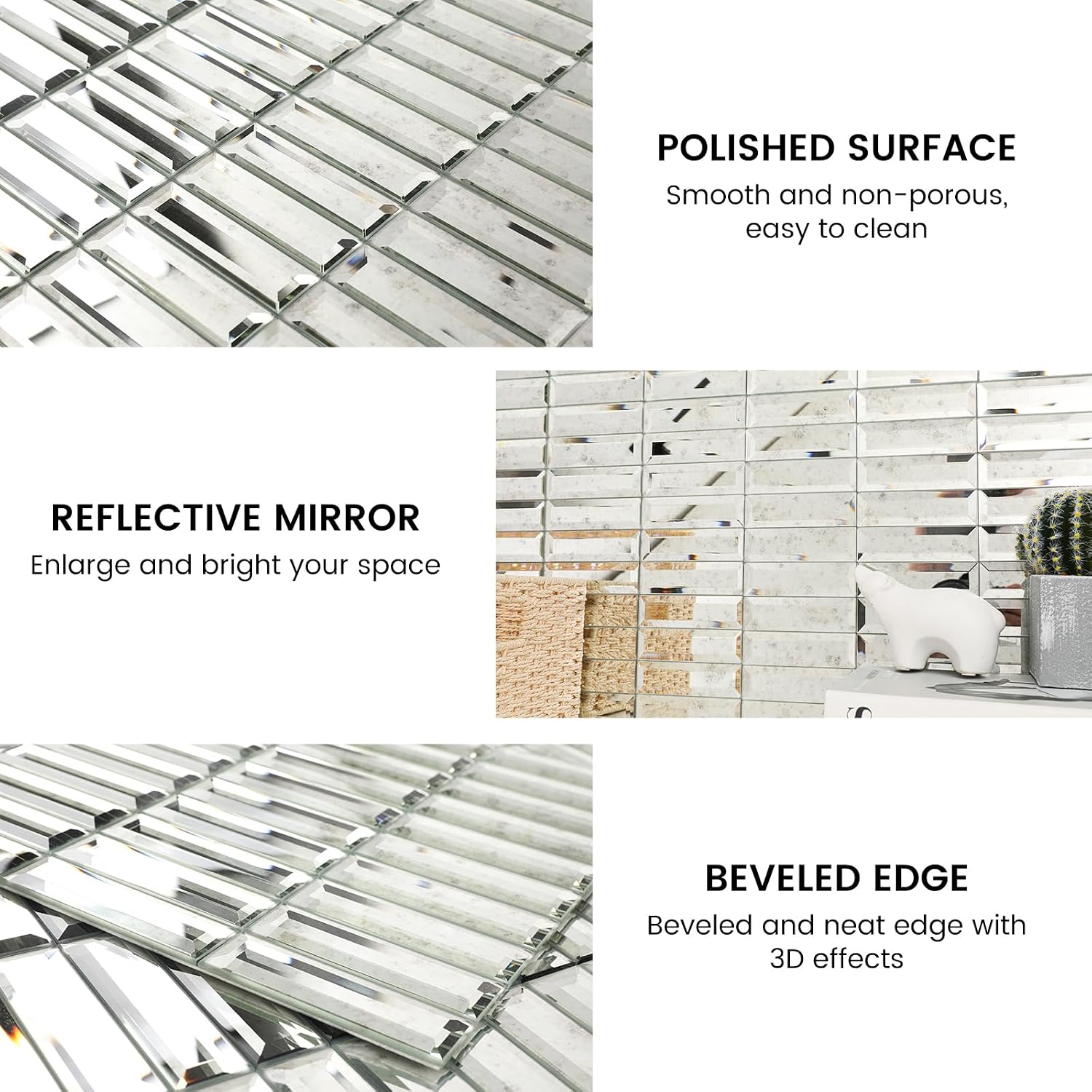 Peel and Stick Mirror Backsplash Tile Strip Mirror Tiles Self Adhesive 1.2 x 4 Inch for Kitchen Backsplash Bathroom Wall(5 Sheets, Light Antique)