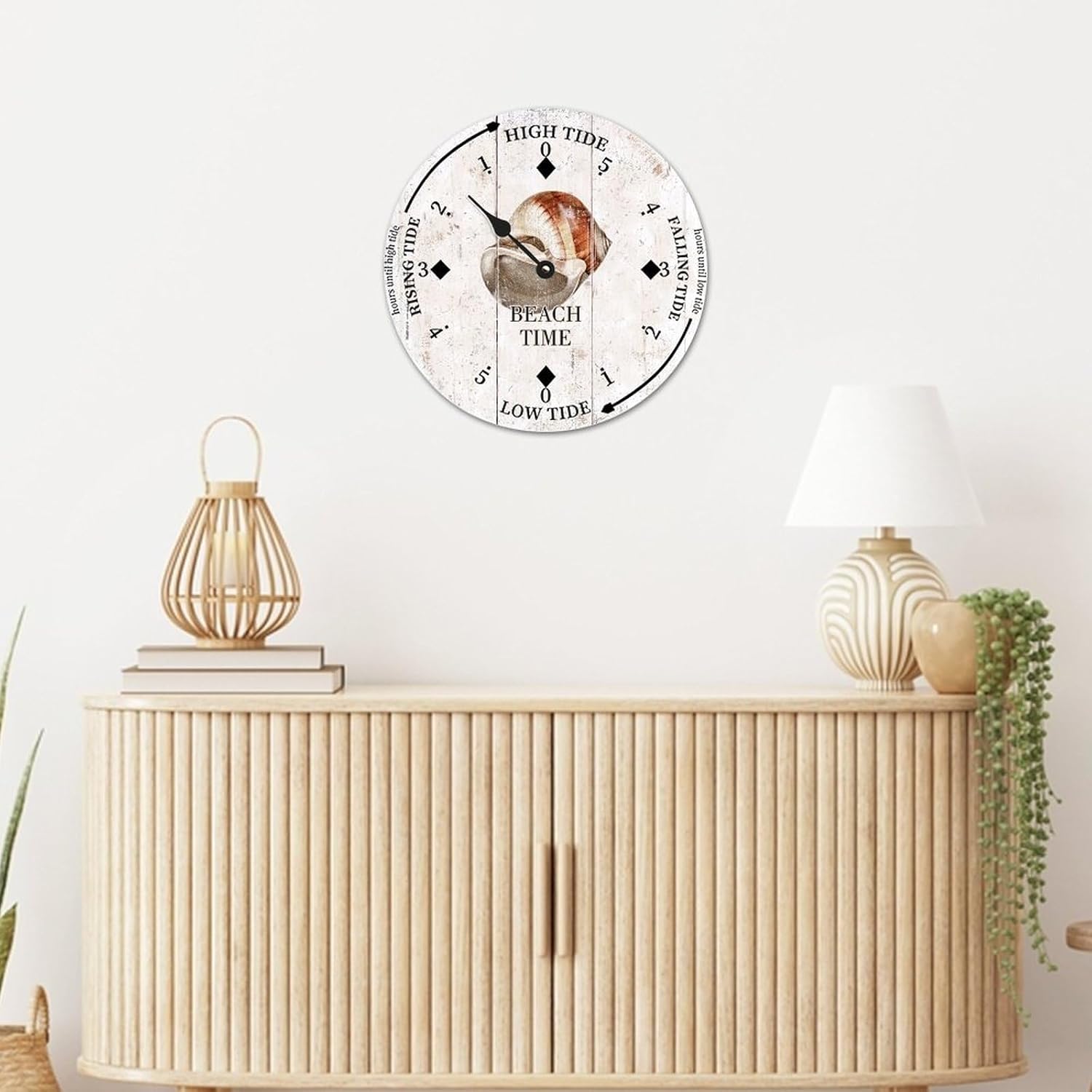 Beach Time Sea Snail Conch Wood Tidal Clock Ocean Time Maritime Coastal Beach High Tide Low Tide Clock Rustic Wooden Nautical Tide Movement Vintage Decor for Beach House Kitchen Wall Art 15x15 in