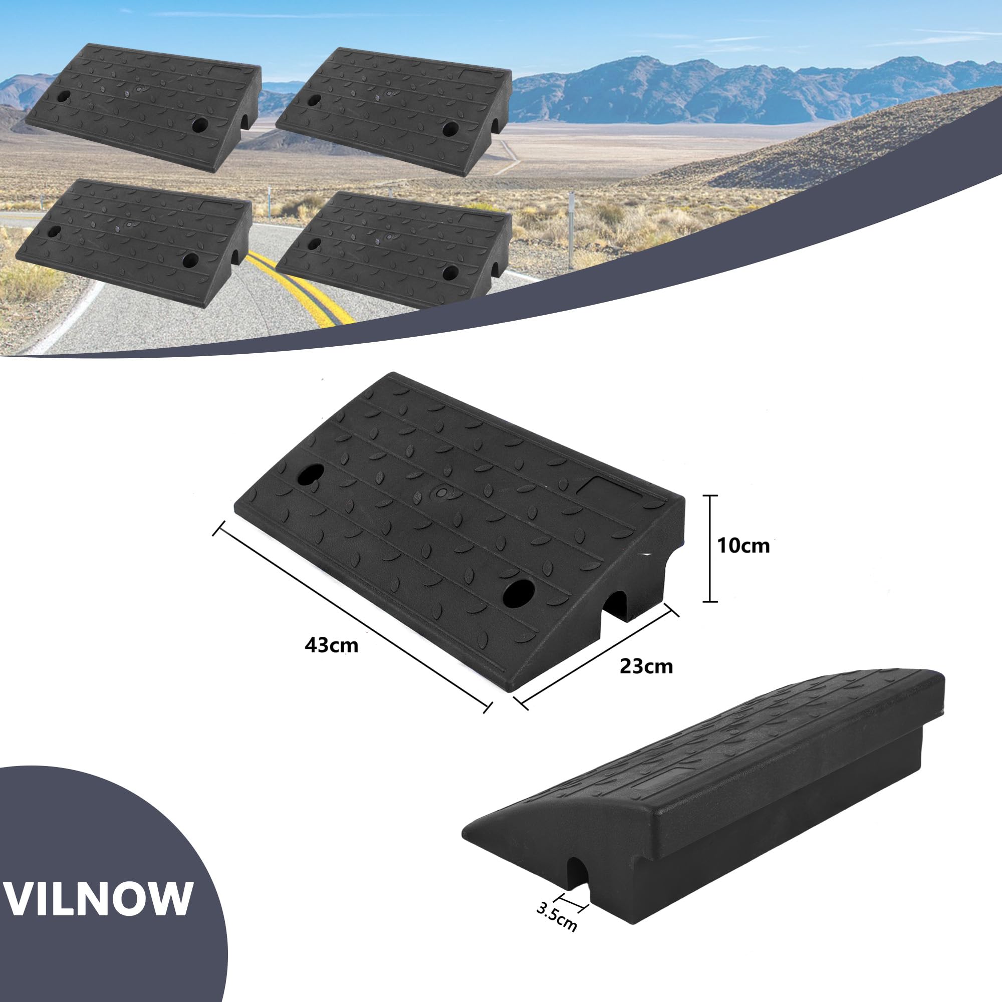 Rampa per marciapiede in gomma, alta 100 mm, 430x230x100 mm, nera – per sedie a rotelle, auto ribassate e motociclette (4 pezzi)