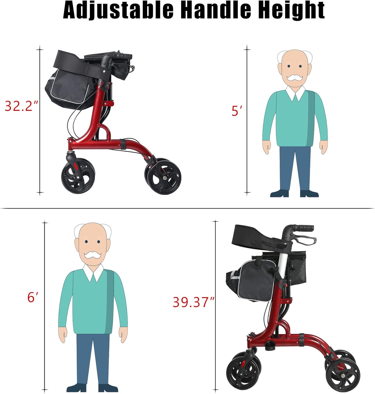 FreeAction Rollator Walker for Seniors，Medical Rollator Walkers with seat and 4-Wheel,Rolling Walker Supports up to 300 lbs，Red : Health & Household
