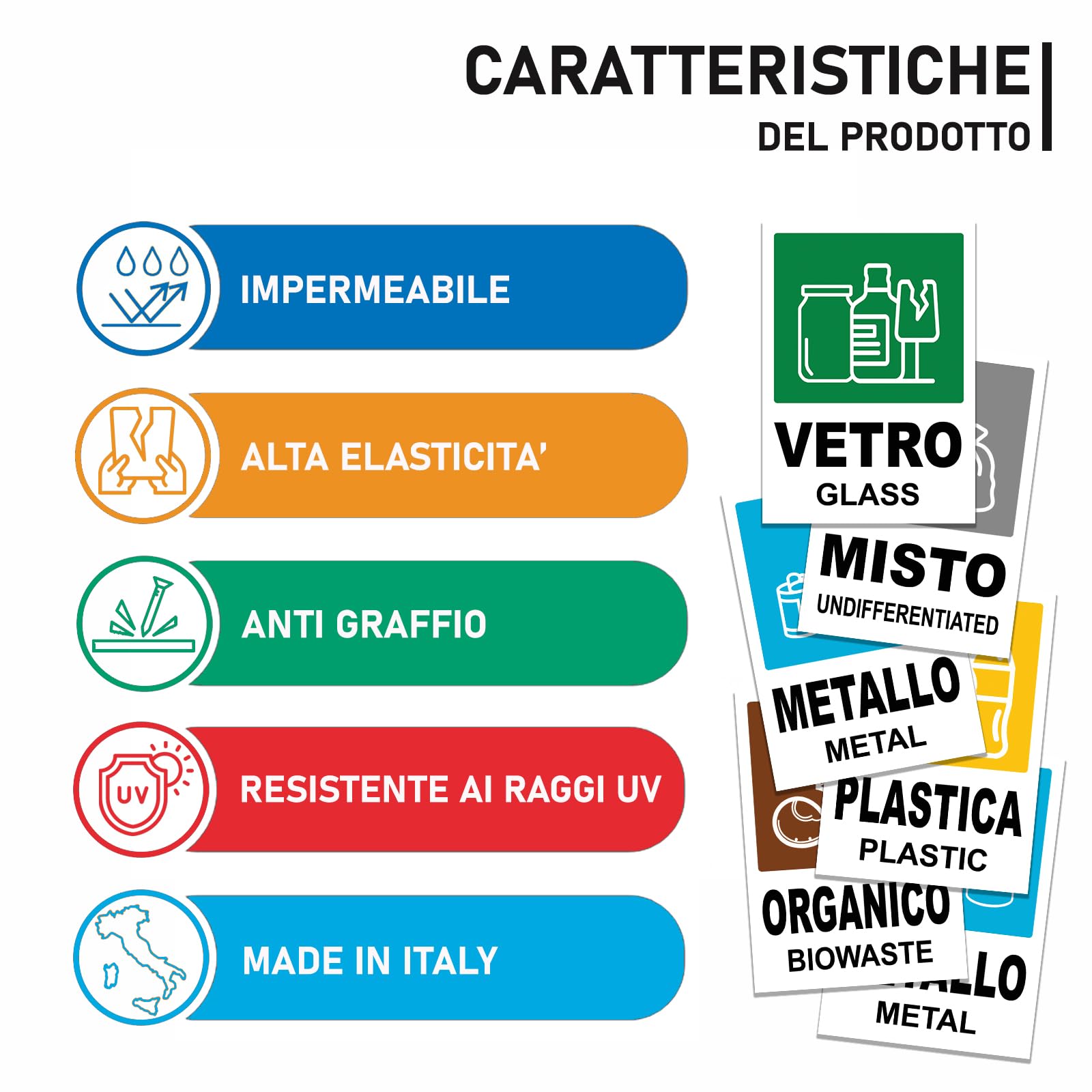 12 Adesivi GRANDI XL per Raccolta Differenziata - Formato 21cm x 15cm - Etichette per Contenitori Rifiuti in Italiano e Inglese - Adesivo per Riciclo Lavabile Antigraffio Resistente