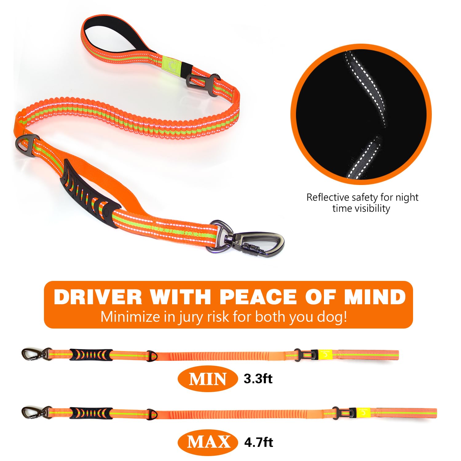 Heavy Duty Bungee Dog Leash For Large Dogs Up To 150lbs - 6ft Reflective With Shock Absorber & Car Seatbelt Clip