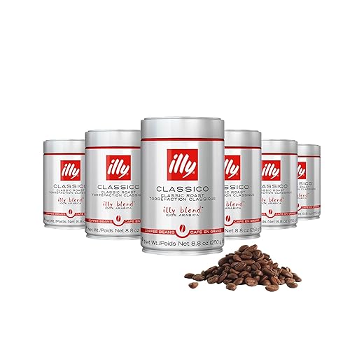 illy Whole Bean Coffee, Classico Medium Roast, 100% Arabica, Premium Italian Coffee, Ideal for Espresso, Drip, Moka and French Press Brewing, 8.8oz, 6 Pack
