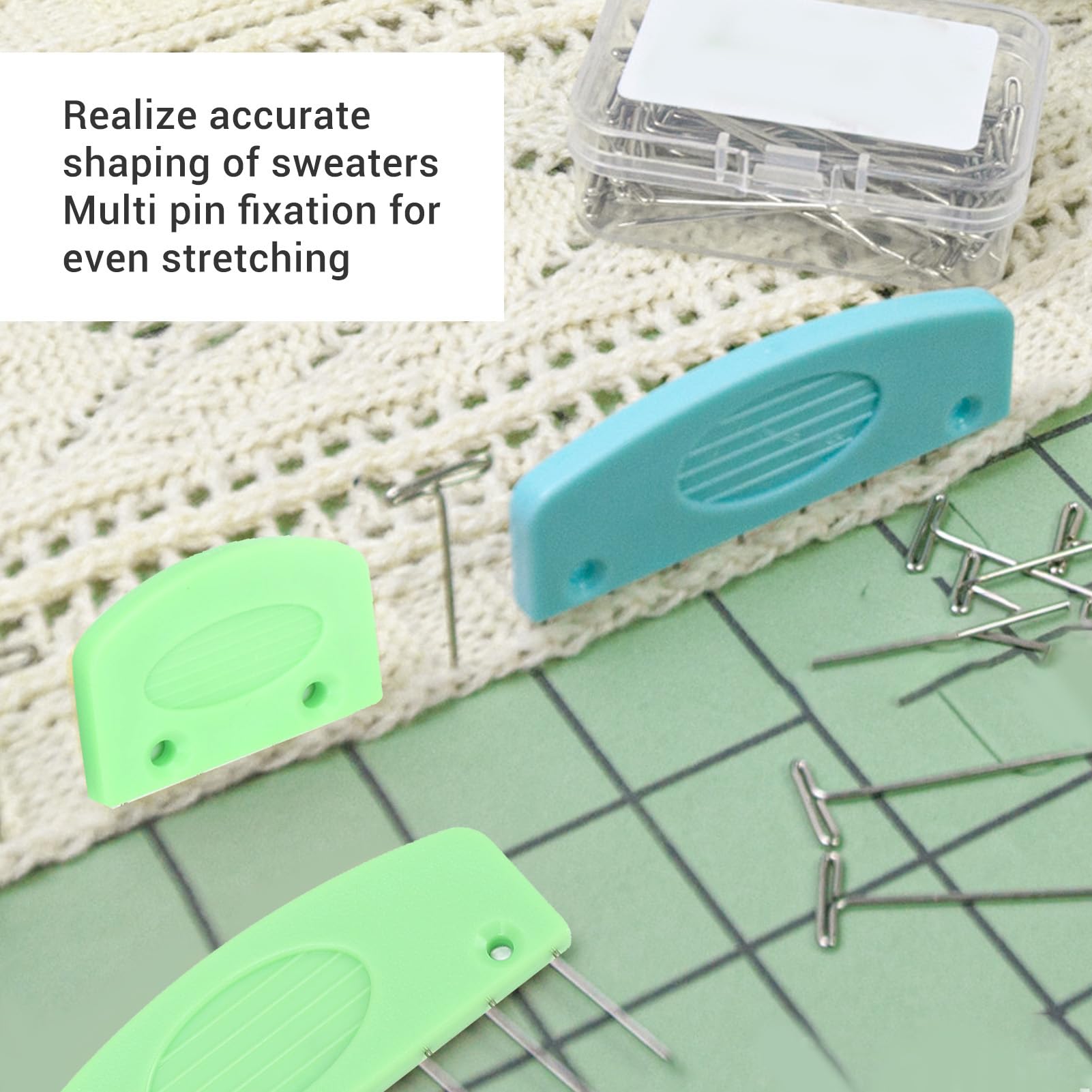 20PCS Knit Blocking Pins Kit, Stainless Steel Knit Blocking Combs Blue Green Knitting Pins Kit Knitting Tools with Box for Needlework