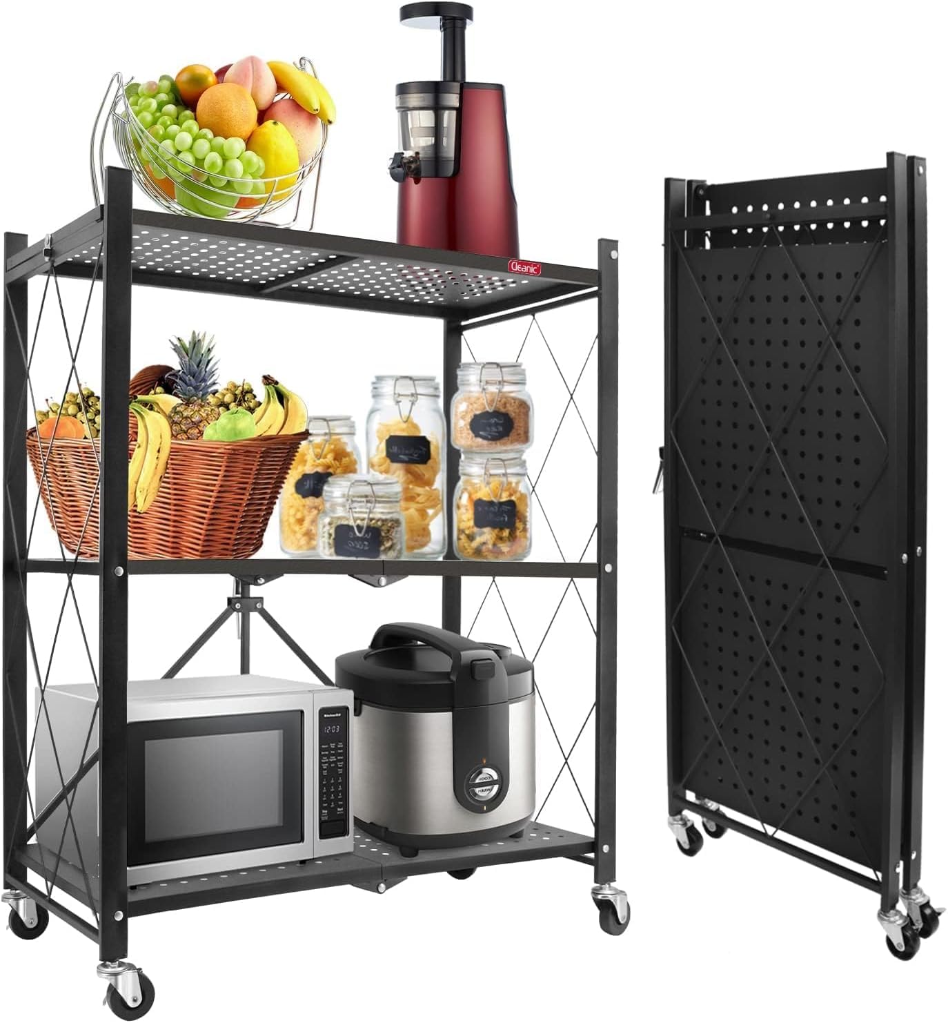 DEANIC 3-Shelf Foldable Storage Shelves with Wheels, Large Capacity Shelving Unit, Freestanding Metal Wire Shelf Rack, No Assembly Organizer Rack for Garage Kitchen, Basement, Pantry, Heavy Duty