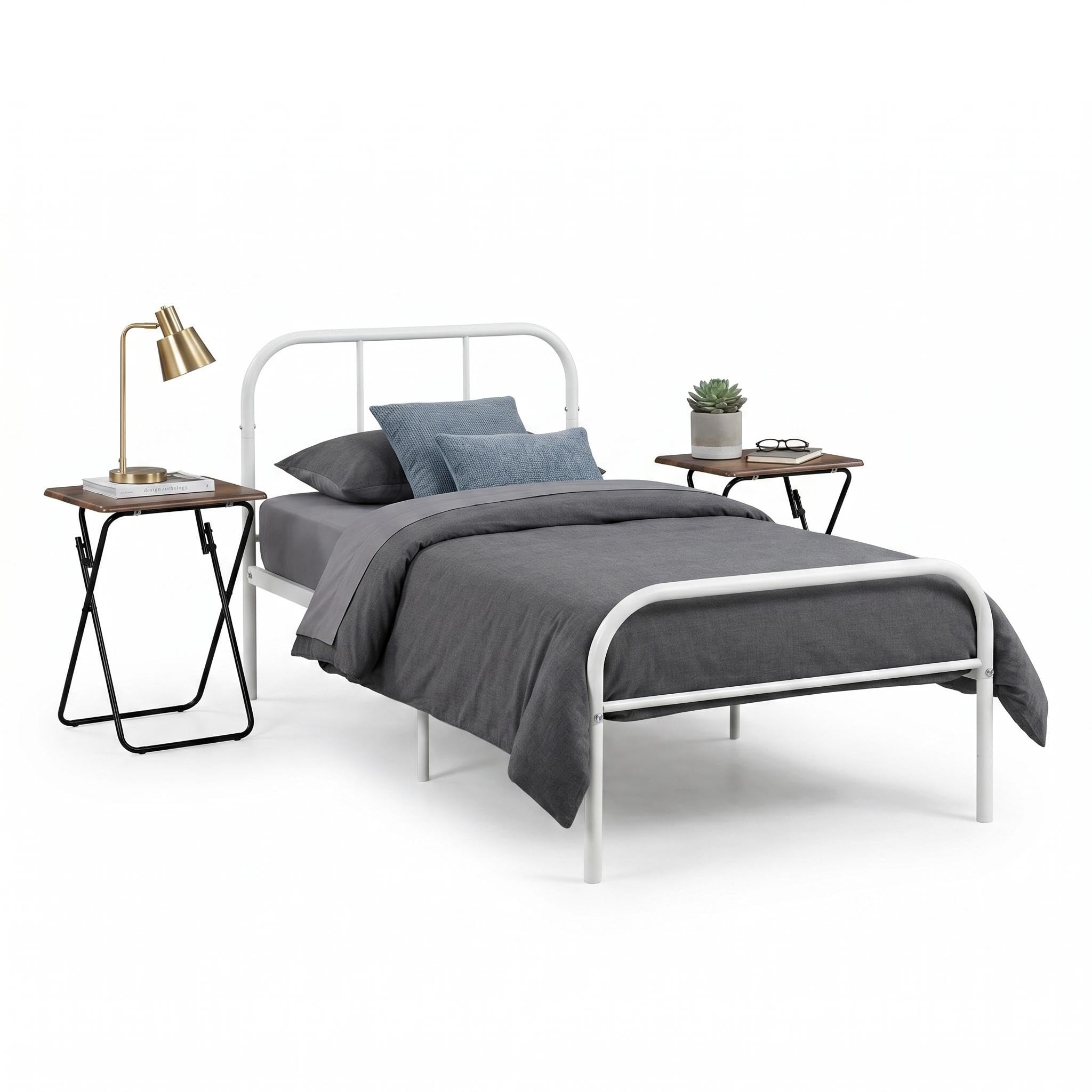 Cama individual de metal FurnitureR con acabados premium y mesas auxiliares integradas