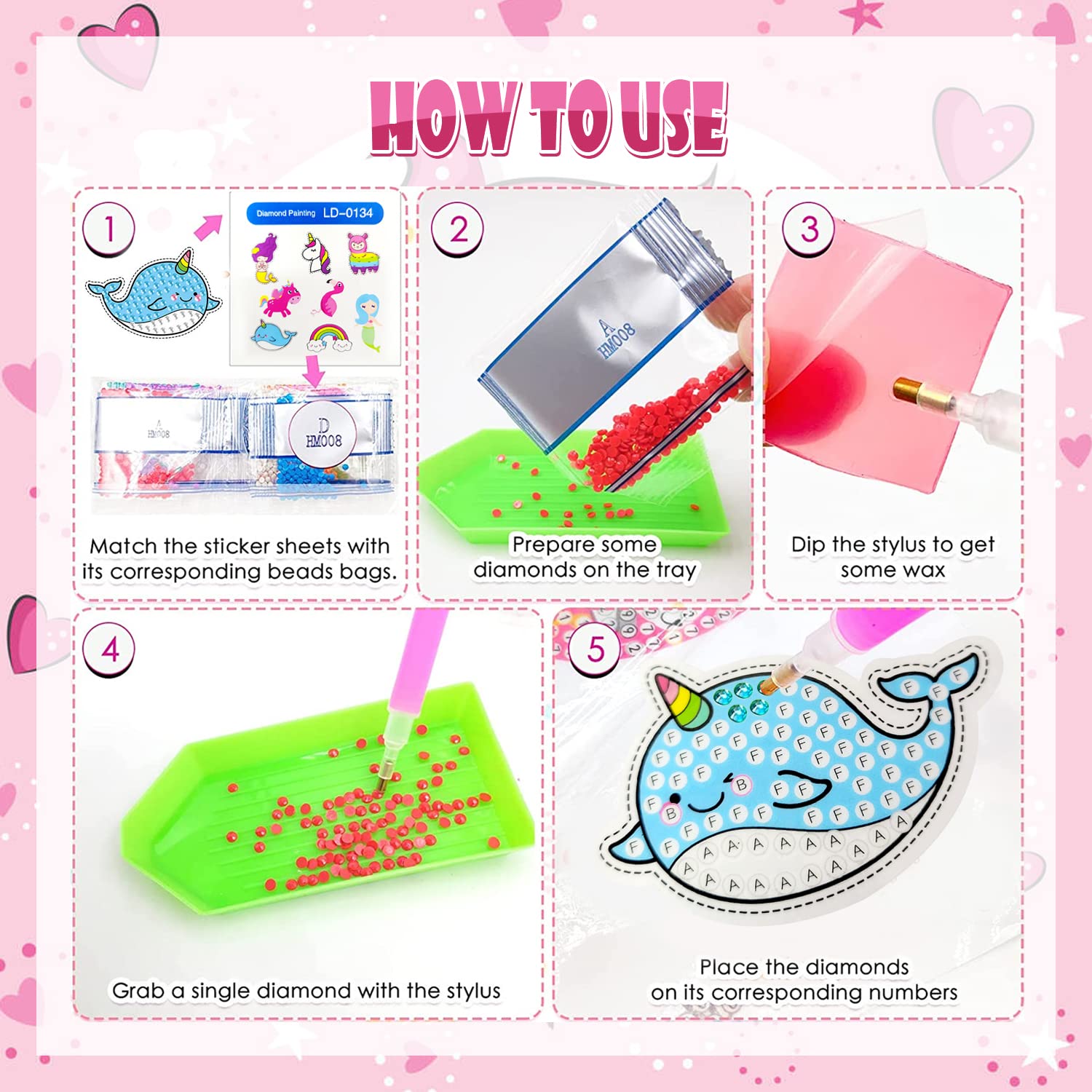 Diamentowe Naklejki do Malowania, CAYUDEN 20 szt. Jednorożec Diamond Painting Stickers Dzieci 5D DIY Diamentowe Naklejki Dzieci Dziewczyny Syrenka Zestaw do Malowania Diamentami Króliczki dla Dzieci