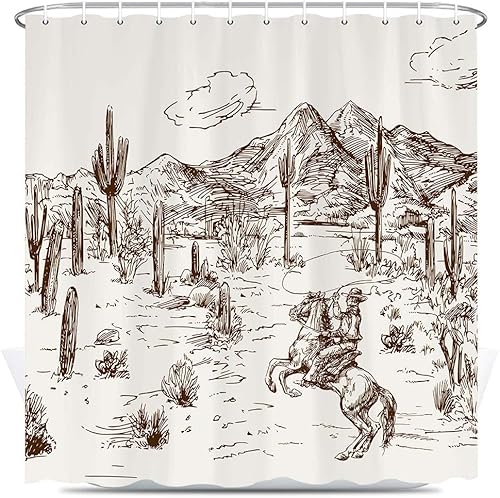 Miniatura 9 de Cortina de ducha de vaquero occidental, cortina de ducha de vaquero salvaje oeste, caballo y cactus del desierto para baño, decoración de tela con