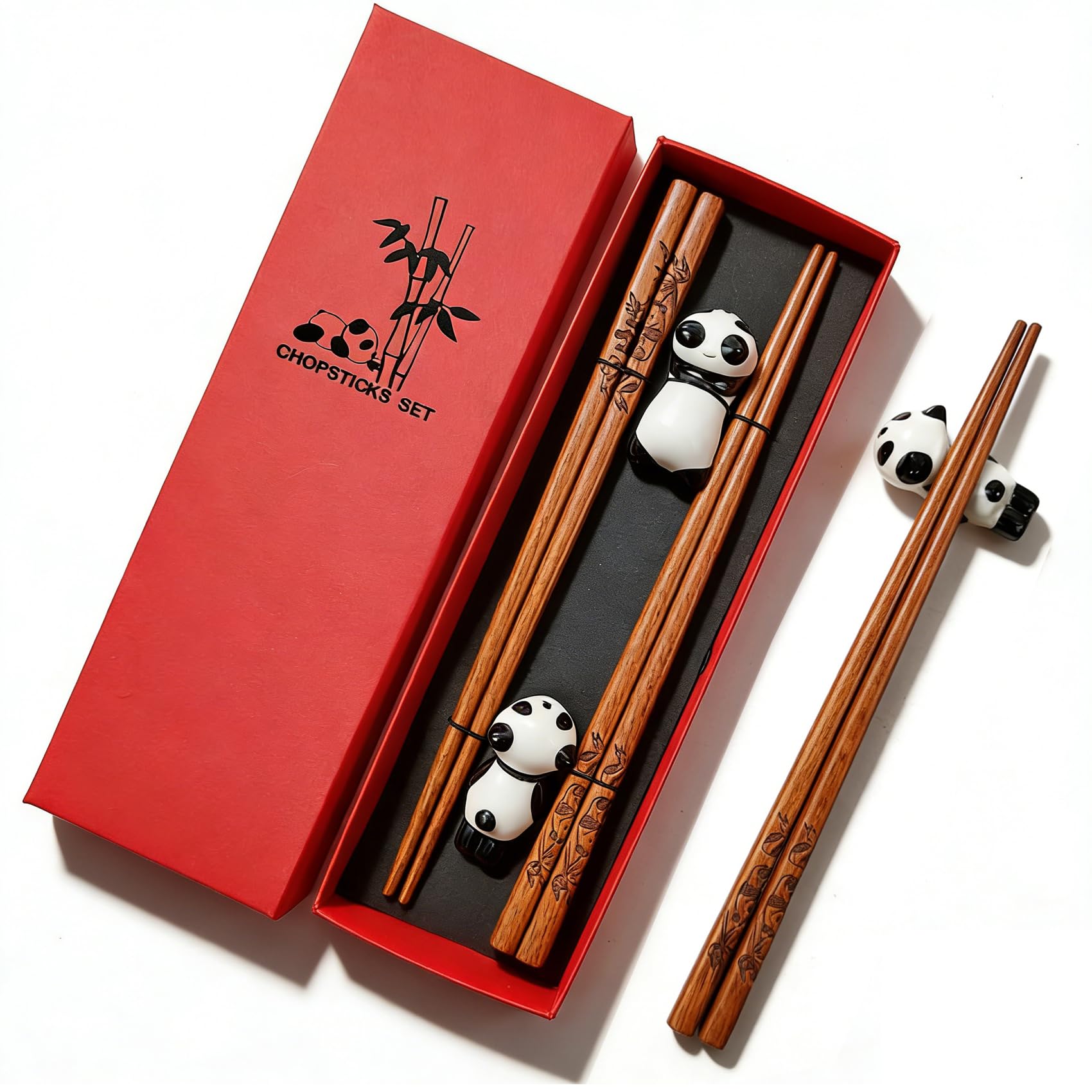 Rpanle Natural Wooden Chopsticks, 2 Pairs Japanese Reusable Chopsticks with Ceramic Panda Rest, Dishwasher Safe, for Sushi, Asian Dishes