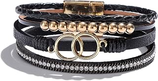 Leather Bracelets for Women Cuff Bangle Bracelet Bohemian Wristband Clasp Wrap Jewelry Gift for Girls Birthday Valentines Day (U:Black Leather Bracelet)