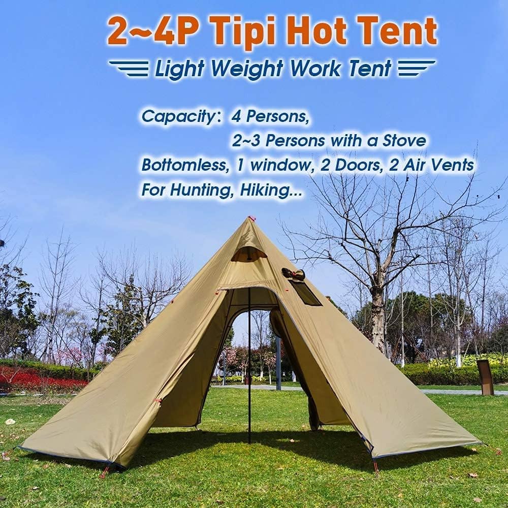 Tente pyramidale chaude avec trou de poêle et fenêtres pour camping en plein air, tente tipi familiale pour 2 à 4 personnes