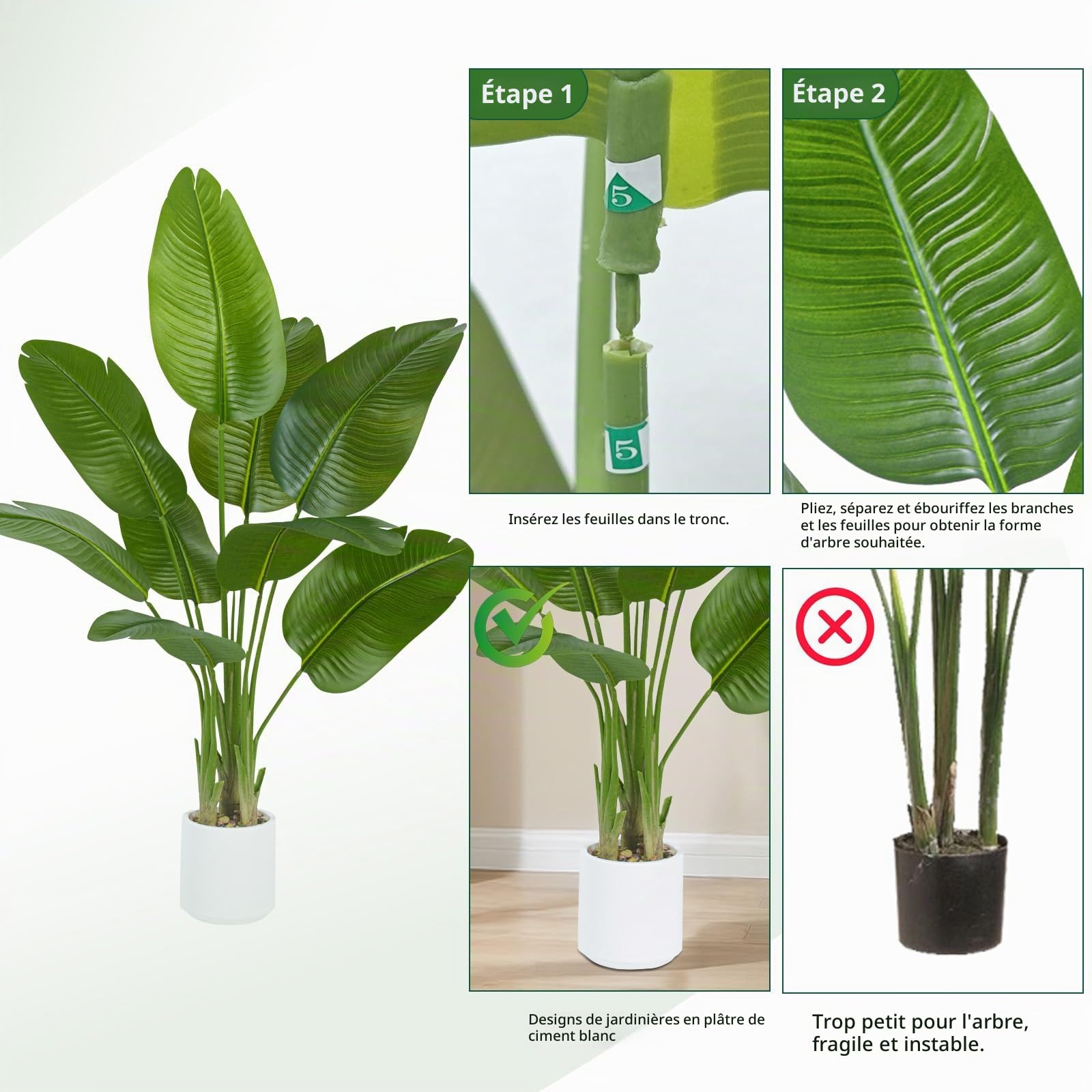 Plante Artificielle Oiseau de Paradis 120cm - Grande Plantes Bananier Artificielle Interieur avec Pot Blanc, Fausses Arbre Artificiel Parfaites pour Décoration d'Intérieur de Bureau ou Salon ou Maison