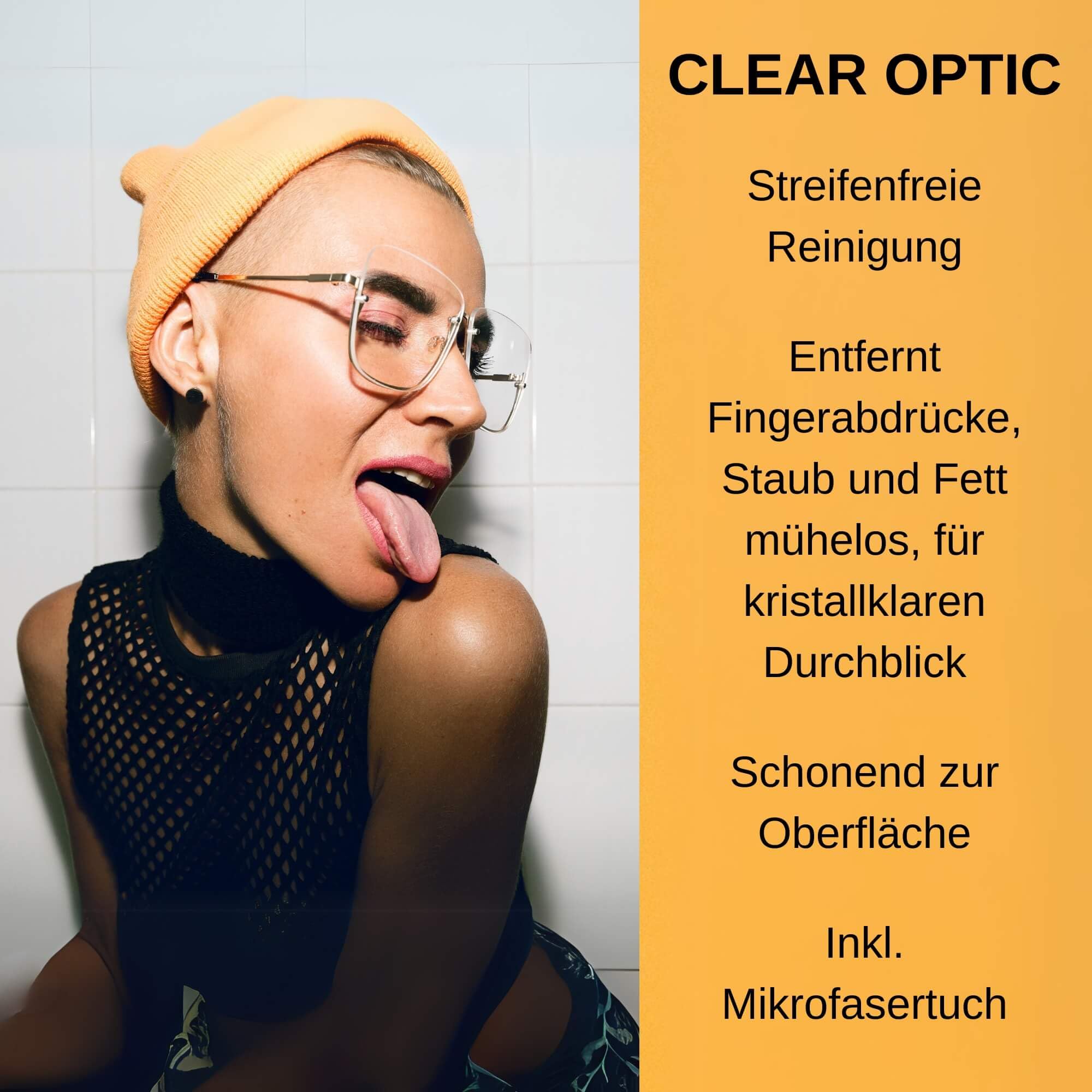 CLEAR OPTIC Piana do czyszczenia okularów 50ml i ściereczka z mikrofibry – spray do czyszczenia okularów przeciwko odciskom palców i zabrudzeniom - spray do czyszczenia okularów na szkło i plastikowe