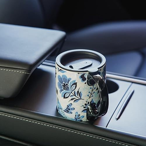 Miniatura 2 de DUSVALLY Taza de café de cerámica, tazas altas de porcelana con tapa y asa, 17 onzas, pájaro