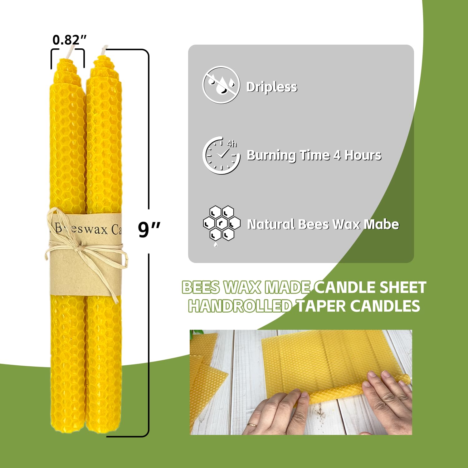 Paquete de 14 velas cónicas de cera de abeja, velas de cera de abeja enrolladas a mano para el hogar, velas sin goteo y sin perfume, velas de 9 pulgadas de largo, velas de cera de abeja amarilla
