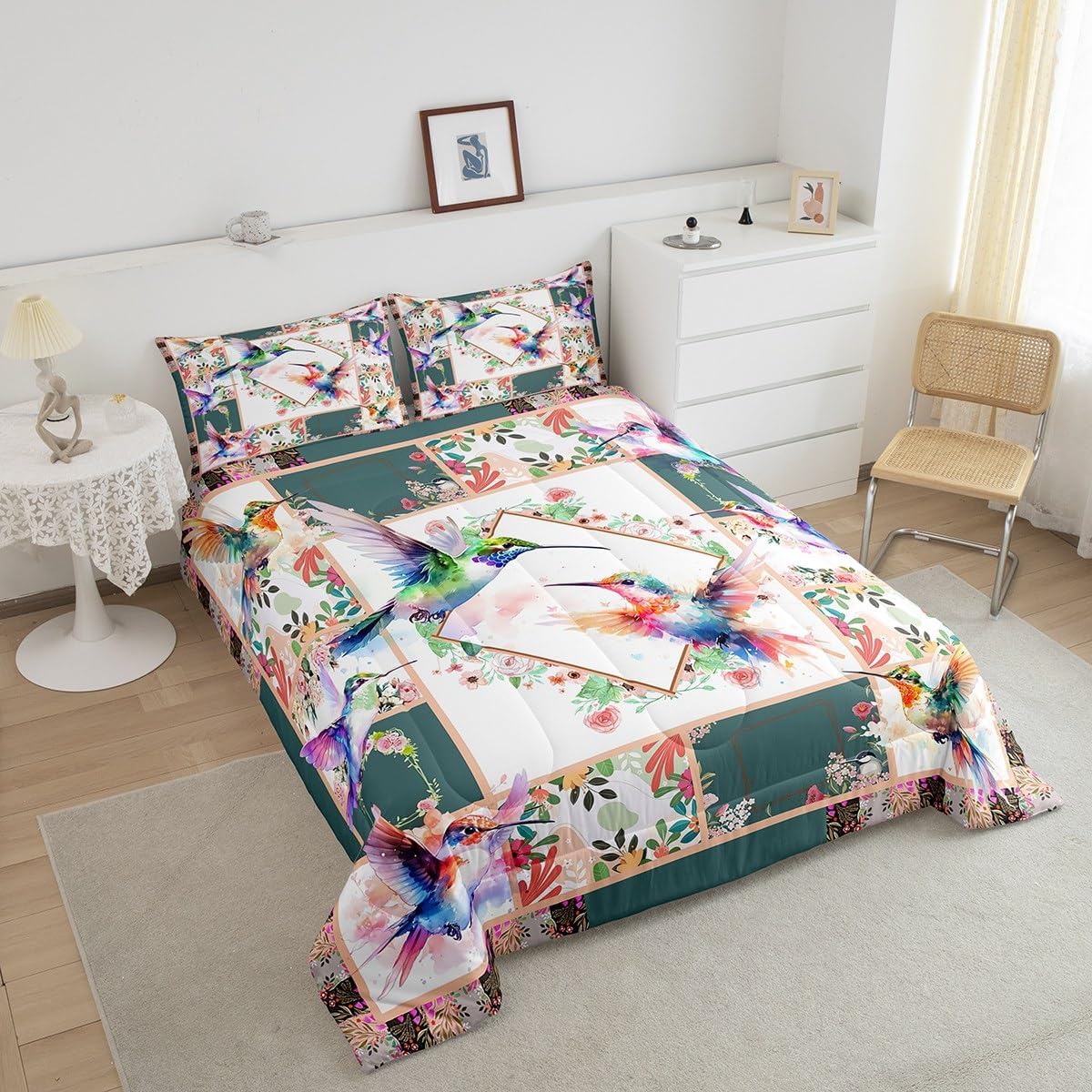 Feelyou Hummingbird Comforter Set Full Size Girls Garden Birds Floral Bedding Set for Women Kids Hummingbird Lovers Comforter Nature Farmhouse Blossom Flower Quilt Room Decor Duvet Set Boys