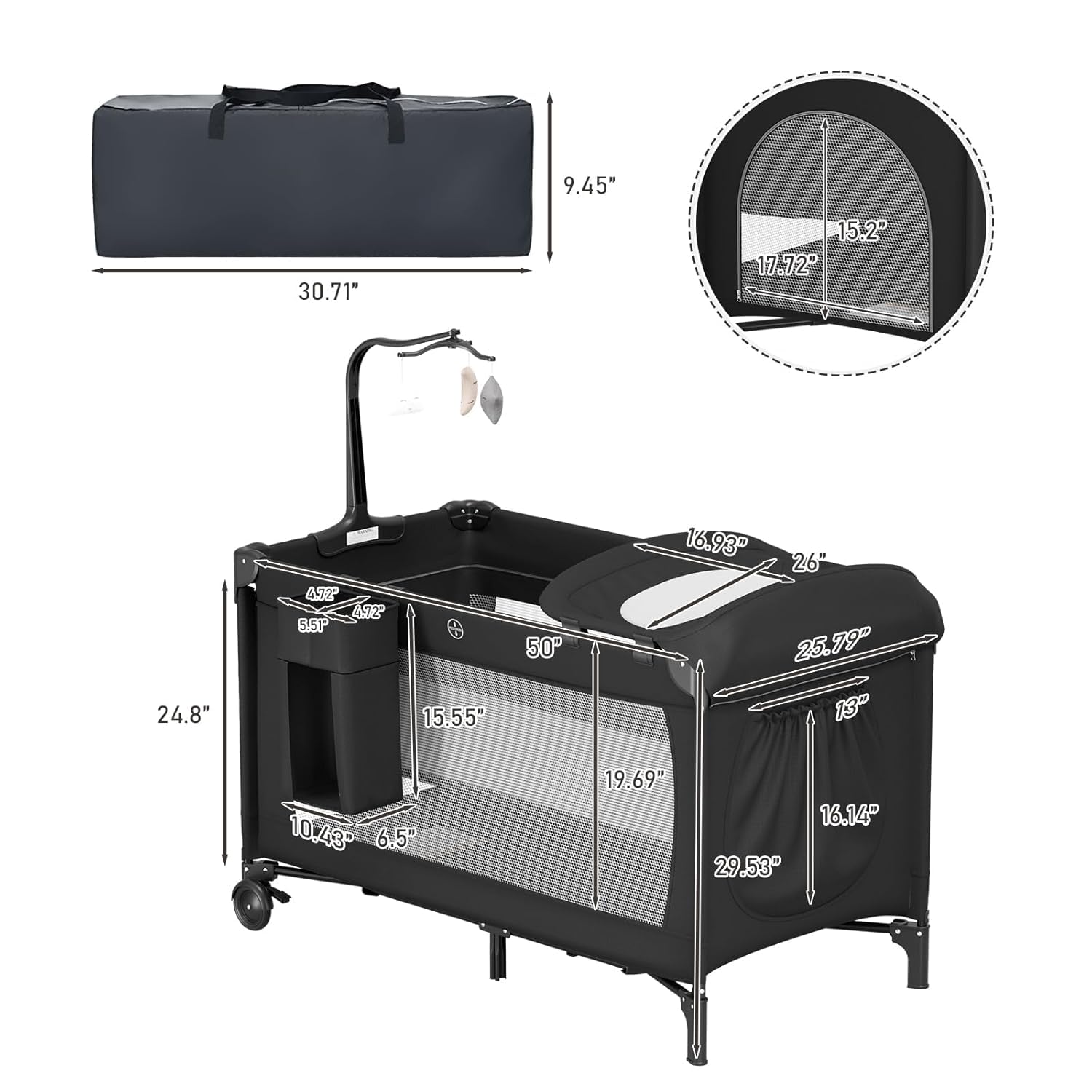 5 in 1 Pack and Play, Baby Bassinet Bedside Sleeper, Extra Large Baby Playard with Wheels, Bedside Crib with Changing Table, Foldable Travel Playard for Newborn to Toddles (Black) 1 - Image 9