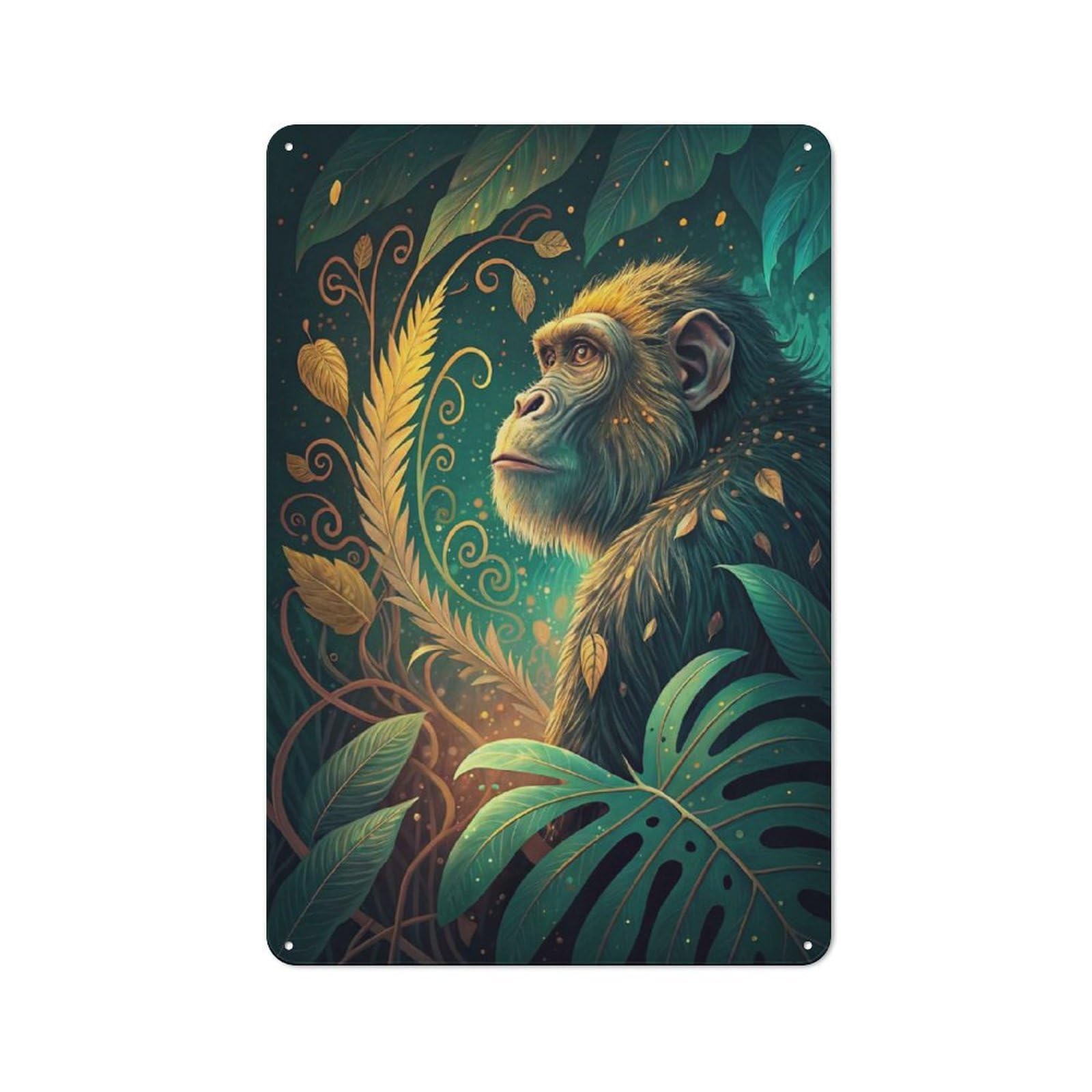 Junmoney Style-17 Chimpanzee In Lush Jungle Illustration Printed Metal Sign 30X20cm For Bar Or Restaurant, New Home Wall Decor For Hospitality Decor Collectors