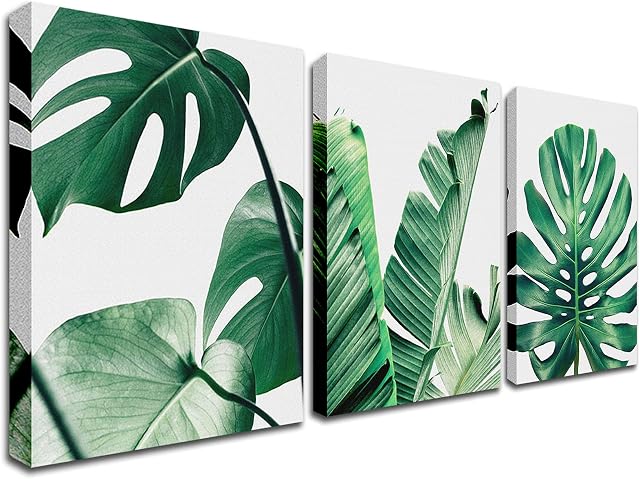 Green Plant Prints Wall Art - Botanical Poster Painting Monstera Succulent Shallow Leaf Pictures Wall Decor Modern Minimalist Tropical Leaves Decoration for Living Room Bedroom Kitchen 12x16in Framed