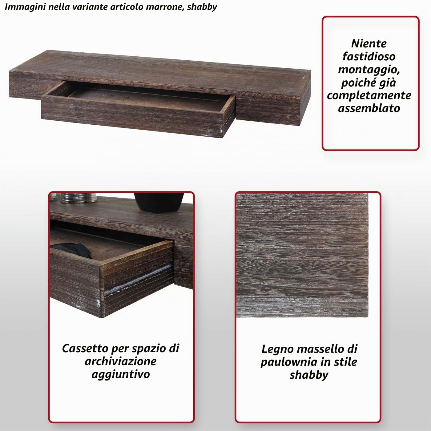 Mensola ripiano pensile con cassetto HWC-H37 25x80x8cm Legno massello Grigio Shabby