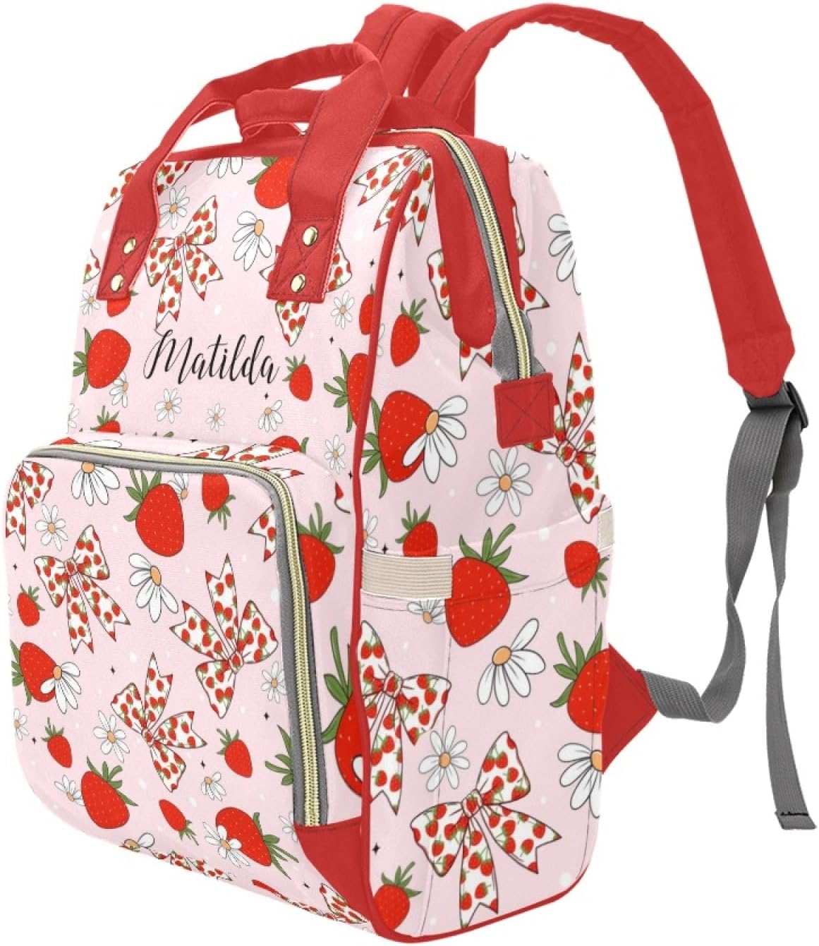 Personalized Strawberry Diaper Bag Backpack with Name – Custom Baby Travel Tote for Mom or Dad, Nursing Bag for Girls, Shower Gift for Baby, Daycare Essentials Organizer