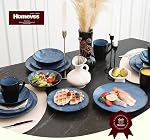 HomeVSS 16-Piece Porcelain Dinnerware Set with Reactive Glaze - Plates & Bowls Sets, 4 Deep Plates, Bowls, Mugs, Microwave & Dishwasher Safe, Stackable Art Tableware for Family- Capri Blue