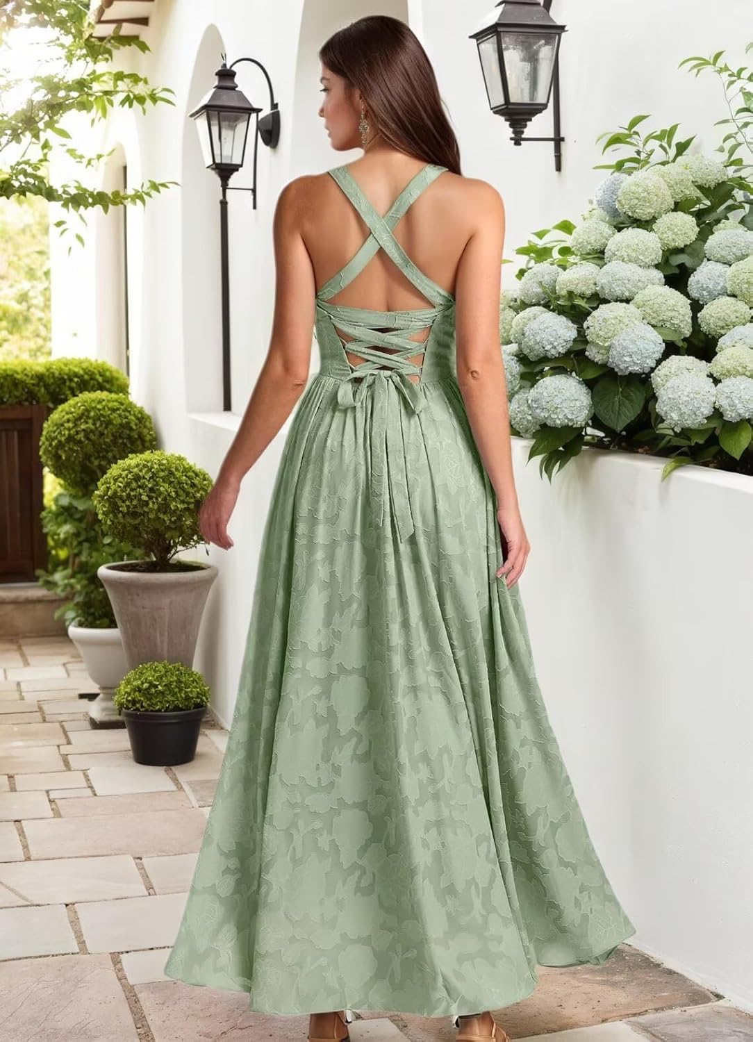 Jacquard Floral Lace Wedding Guest Dress Long Slit A Line Bridesmaid Dresses with Pockets Formal Gown