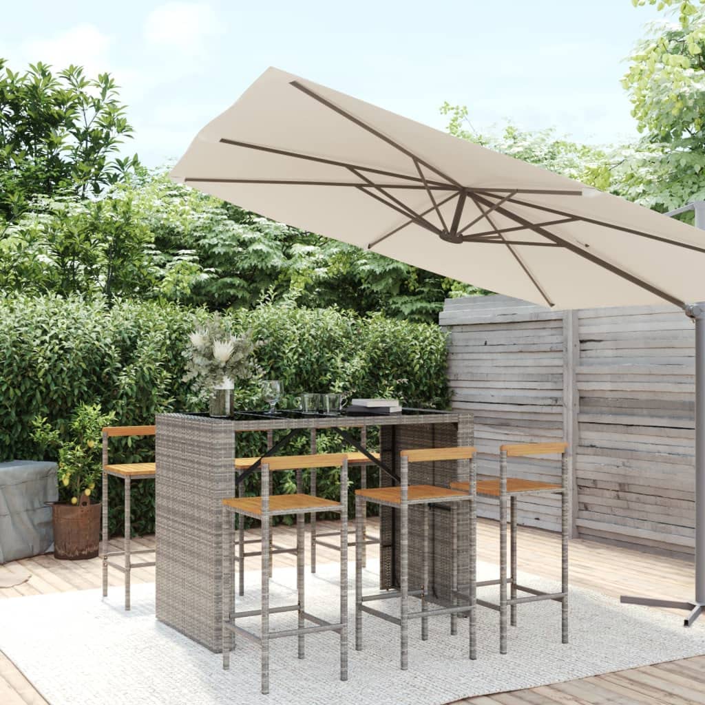Ensemble de bar jardin 7 pcs gris poly rotin bois massif acacia