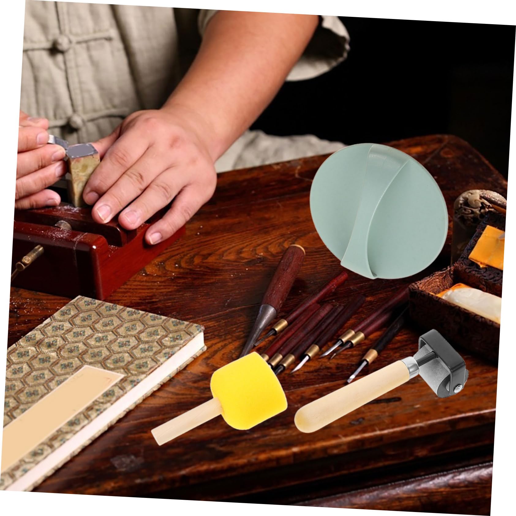 SHINEOFI 5 Ensembles Kit d'outils de Gravure Trousses Papier d'impression Outil de Gravure pour débutants Fournitures de Peinture Rouleau encreur pour l'impression éponge