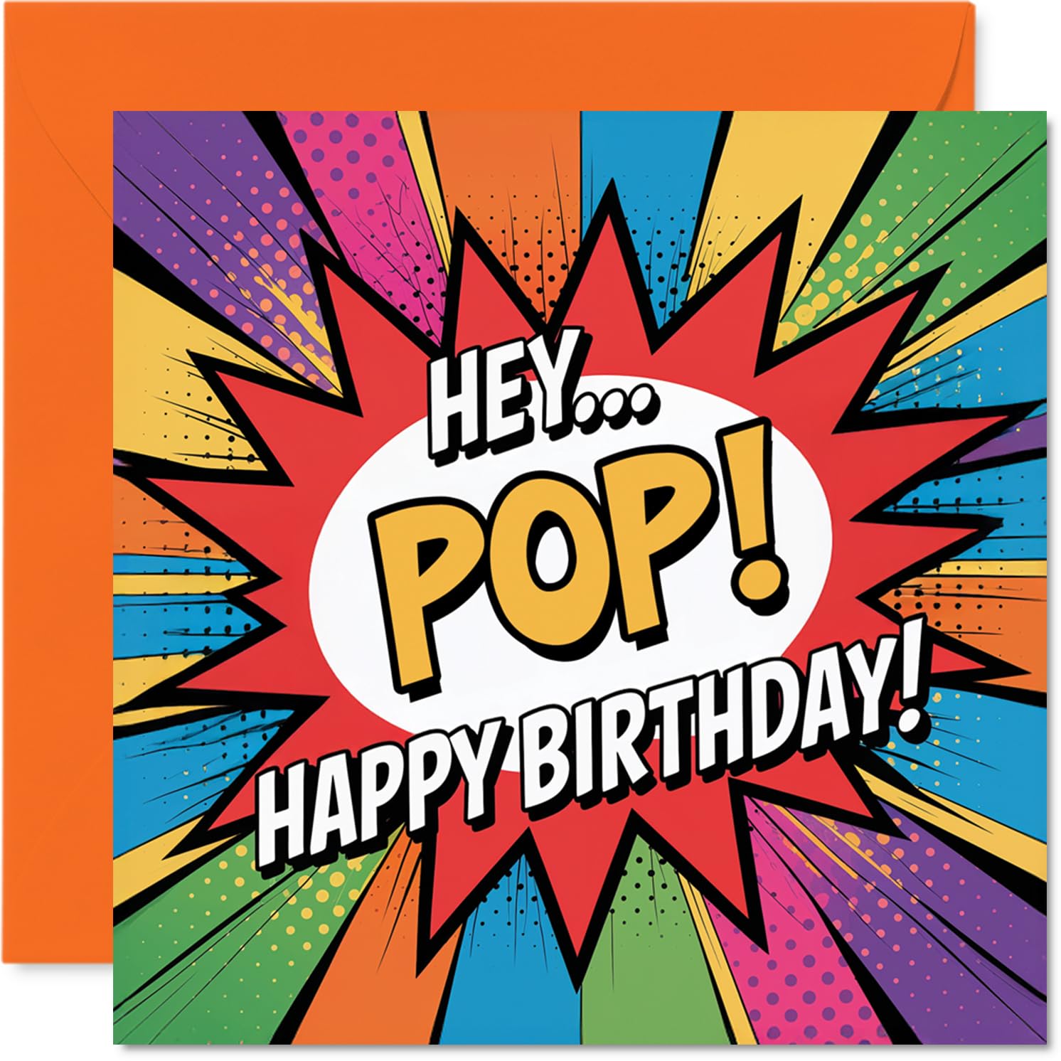 Playful Birthday Card for Pop - Comic Book Burst for Pop - Vibrant Multicolour Explosion Design - Sure to Make Him Grin on His Big Day - 145mm Square, Envelope Included