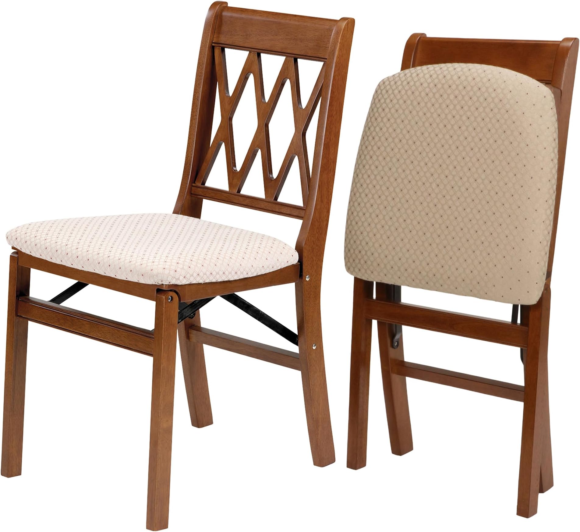 Stakmore Lattice Back Wooden Folding Dining Chairs, Fruitwood, Set of 2 | Fabric Padded Upholstered Seats, Holds 300 lbs, Fully Assembled, Compact 8in Storage Depth, Sturdy Steel Frame, Space-Saving
