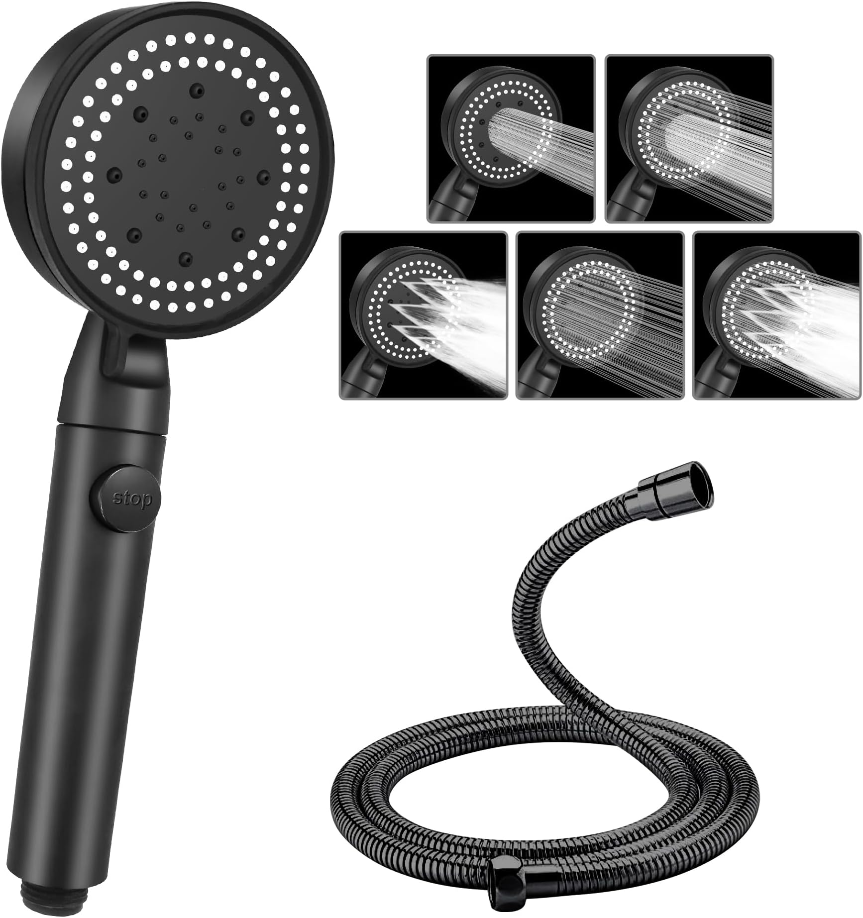 Shower Head and Hose, 5 Mode Water Saving Shower Heads Set, Powerful Handheld Showerhead with Water Stop Botton (Black)