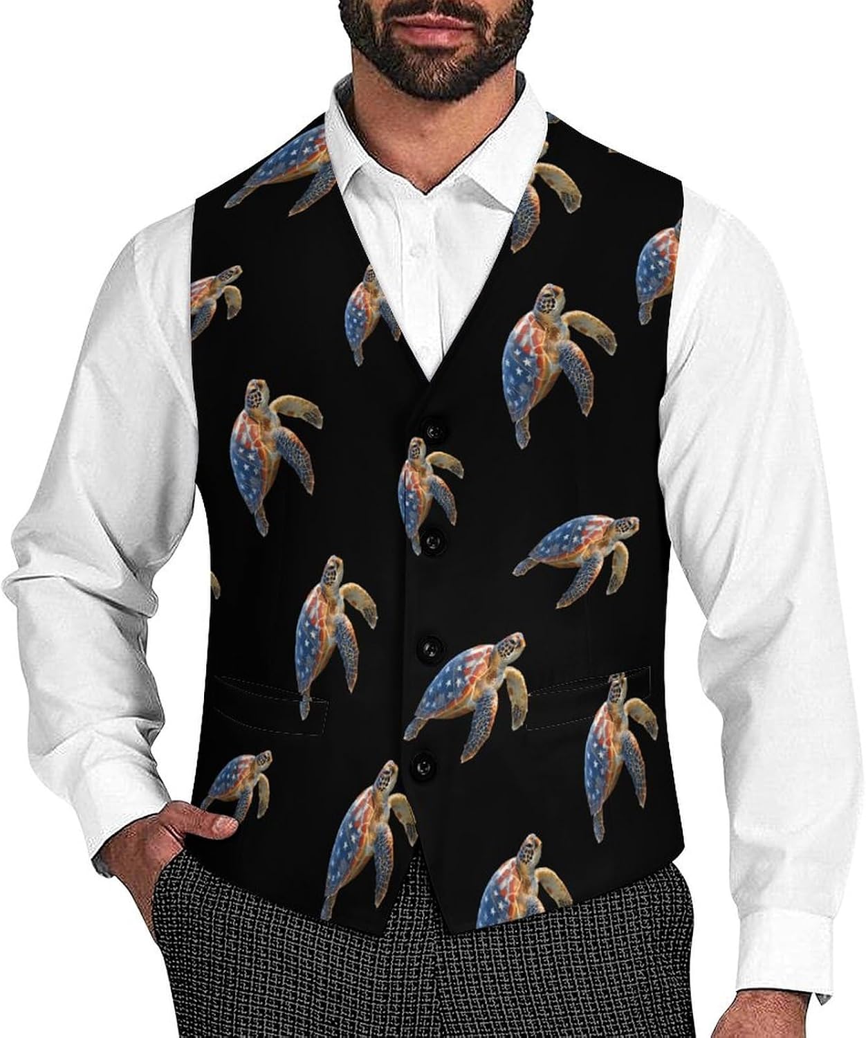 SeaTurtle with U.S. Flag Casual Men's Business Suit Vest Slim Fit Formal Dress Waistcoat Vests